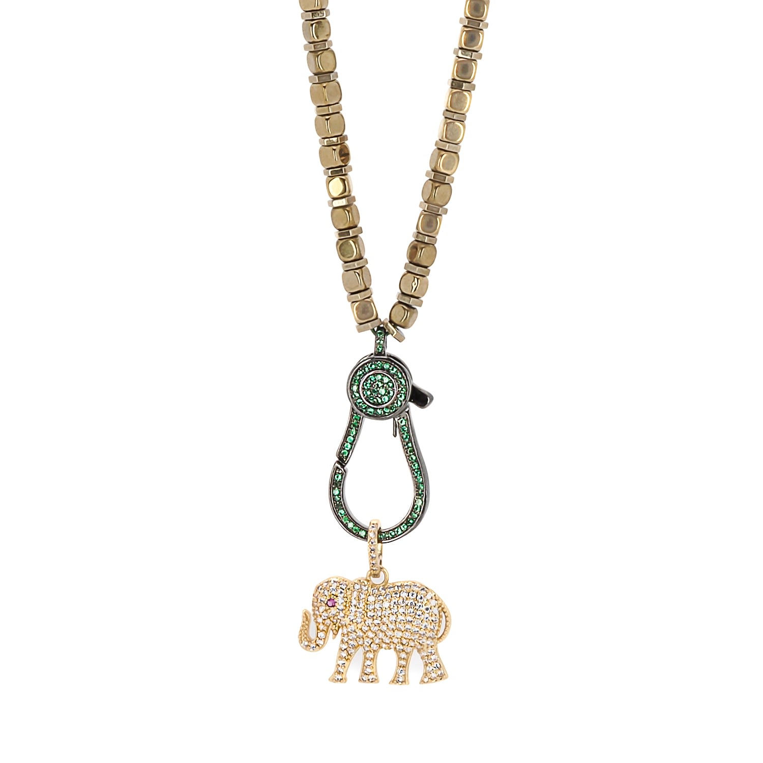 Women’s Gold / Green Pave Diamond Elephant Pendant Golden Hematite Beaded Necklace - Gold Ebru Jewelry