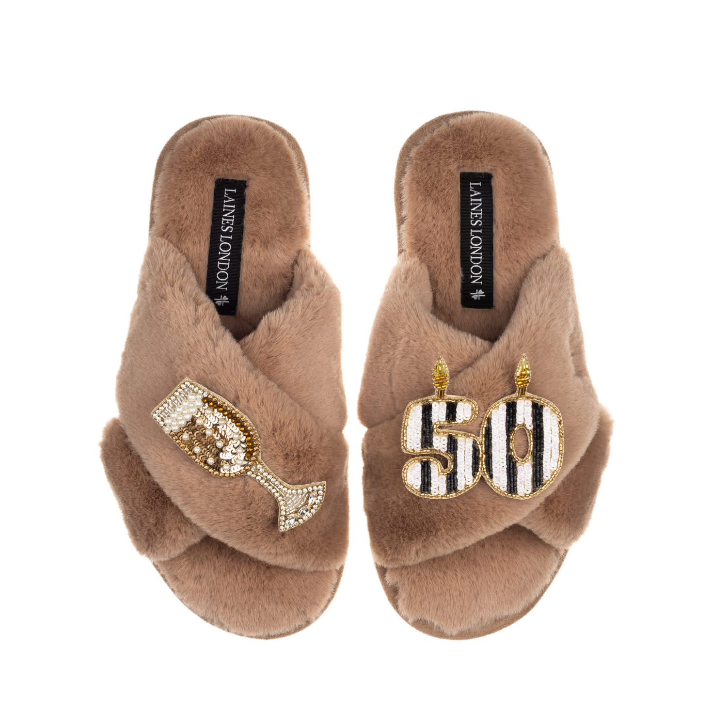 Laines London Women's Brown Classic Laines Slippers With Stripe 50th Birthday & Glass Of Champagne Brooches - Toff In Brown