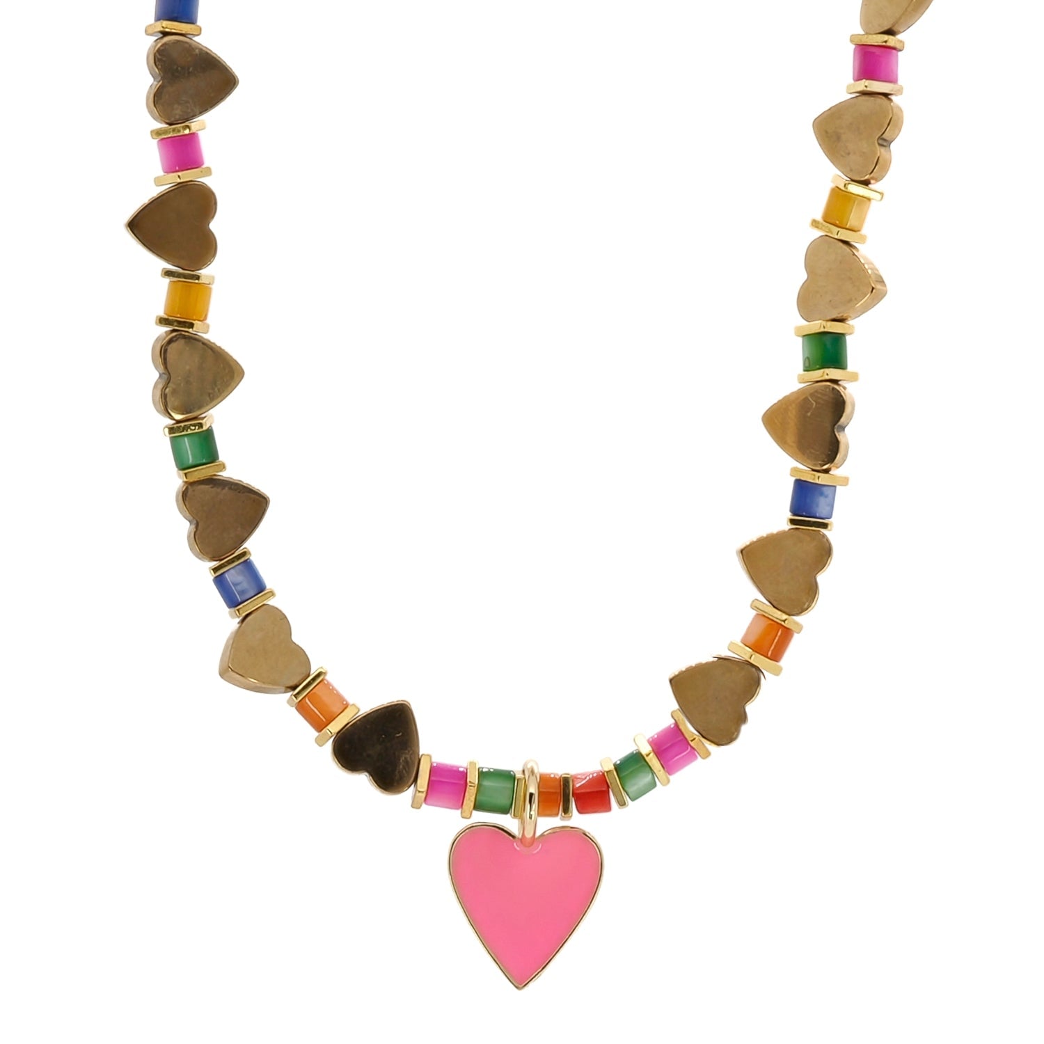 Ebru Jewelry Women's Pink / Purple / Yellow Pink Heart Pendant Gold Heart Beaded Colorful Necklace - Pink In Brown