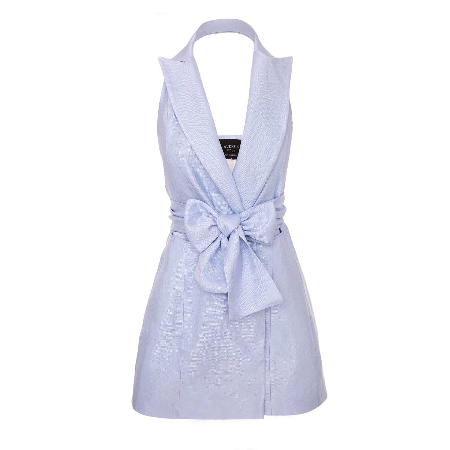 Women’s Metallized Linen Backless Lapel Dress With Bow - Blue Medium Avenue no.29