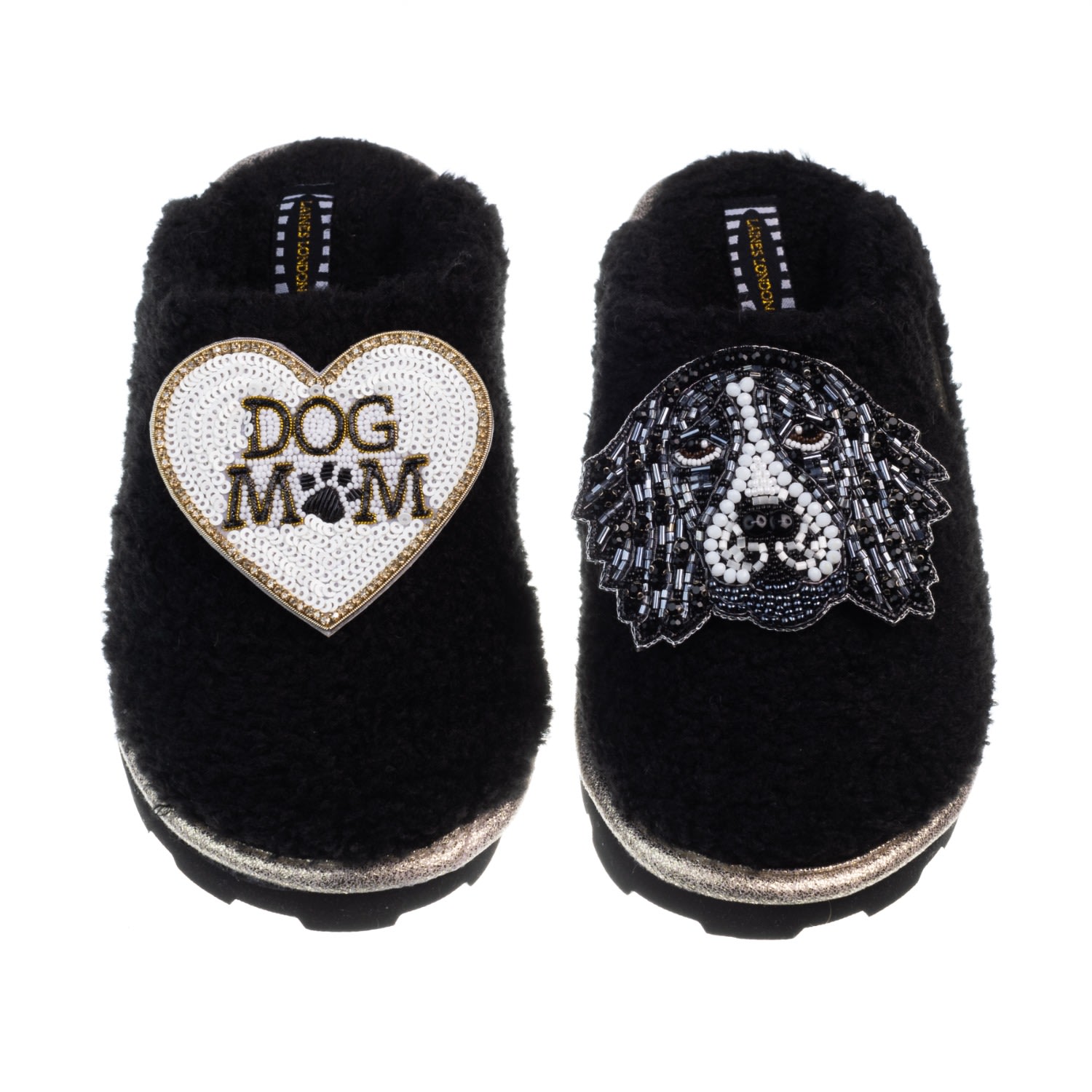 Laines London Women's Teddy Closed Toe Slippers With Bentley The Spaniel & Dog Mum / Mom Brooches - Black In Black