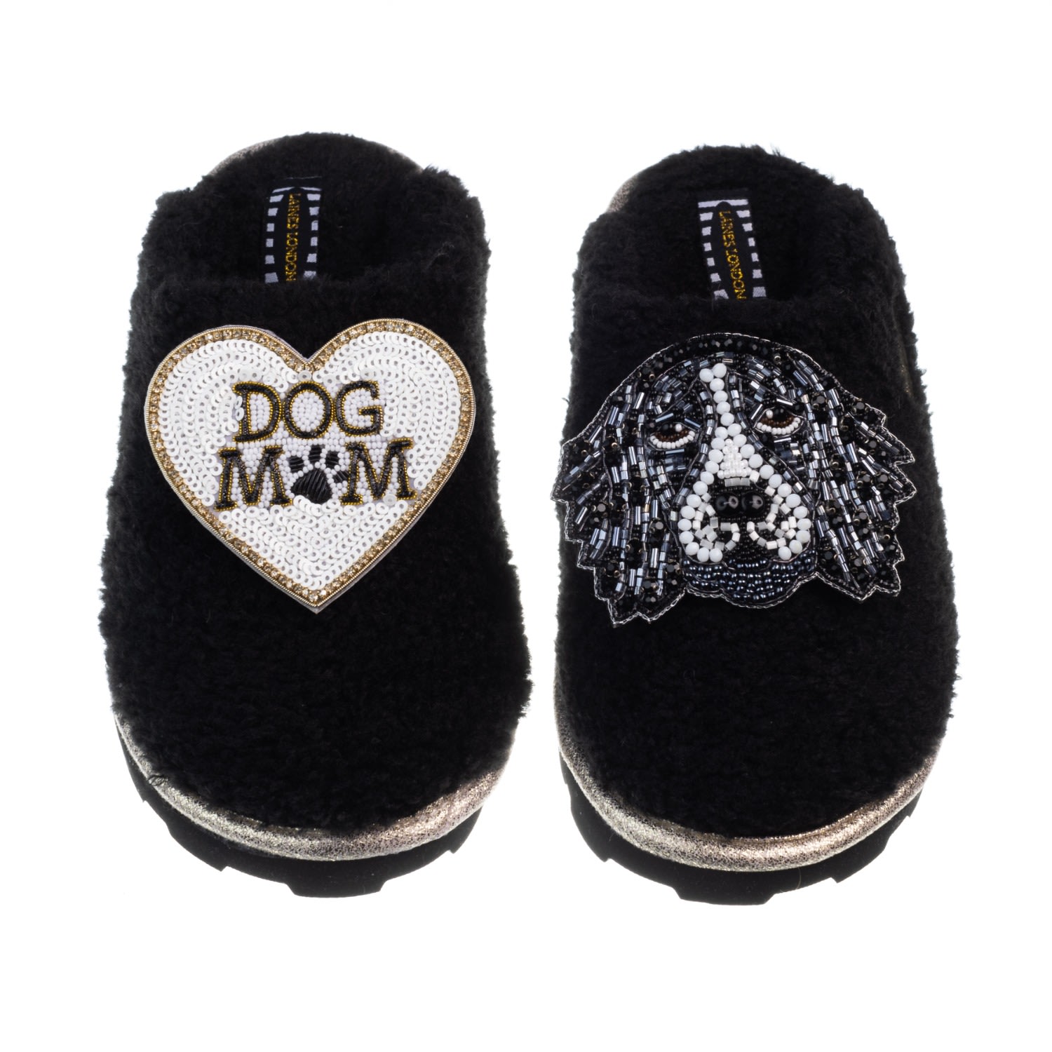 Women’s Teddy Closed Toe Slippers With Bentley The Spaniel & Dog Mum / Mom Brooches - Black Medium Laines London