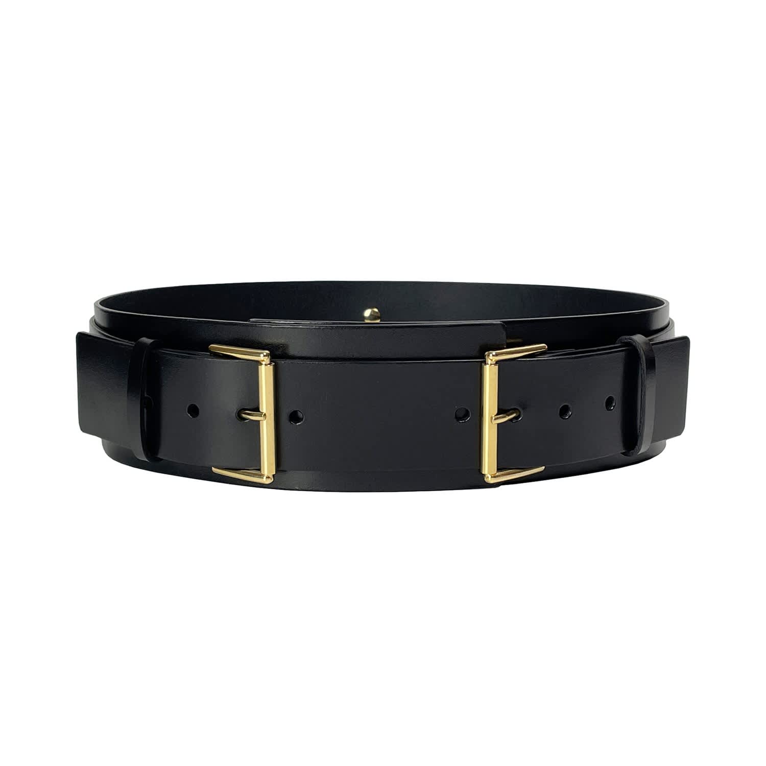 Double Buckle Wide Leather Belt, Haute Cuir