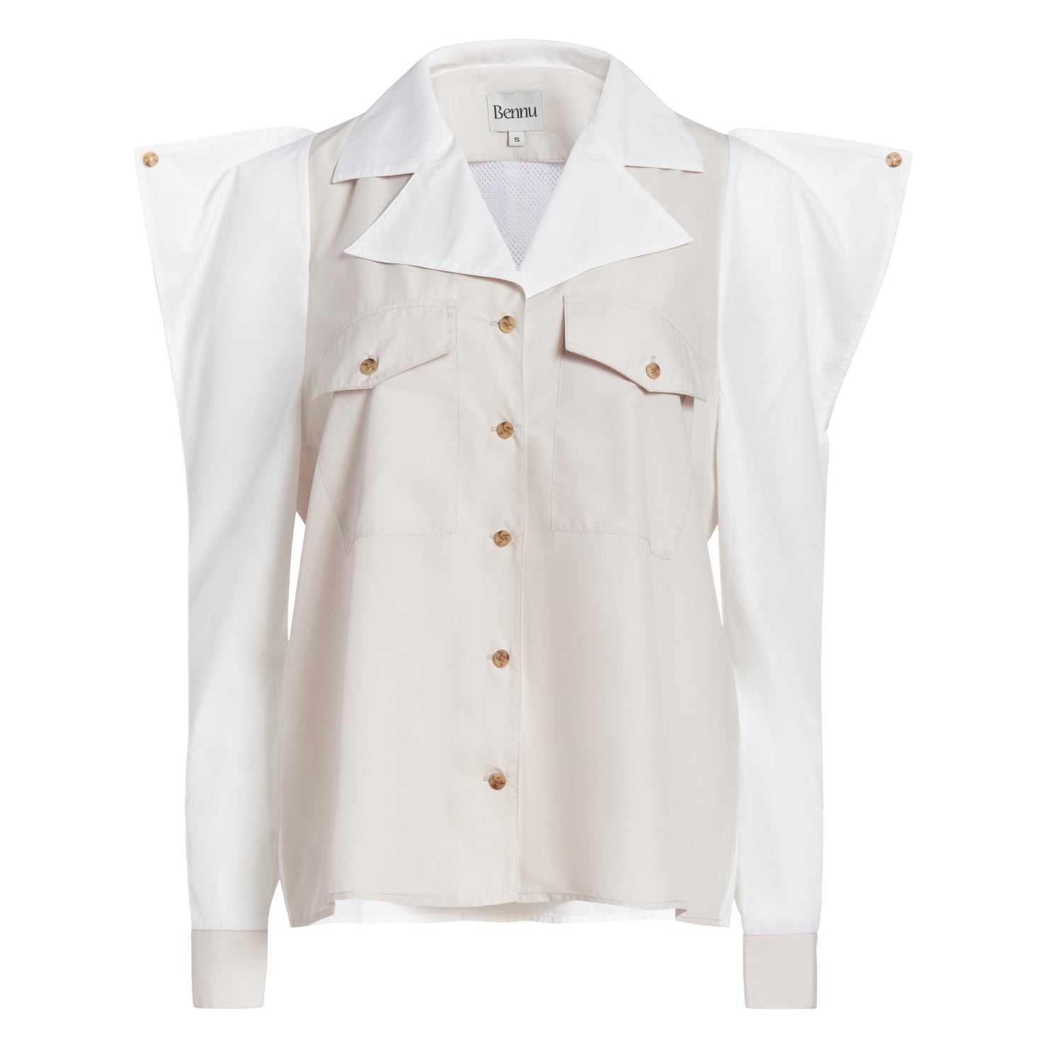 Bennu Women's Neutrals Open Shoulder Button Down, White & Grey Colorblock In Gray/white
