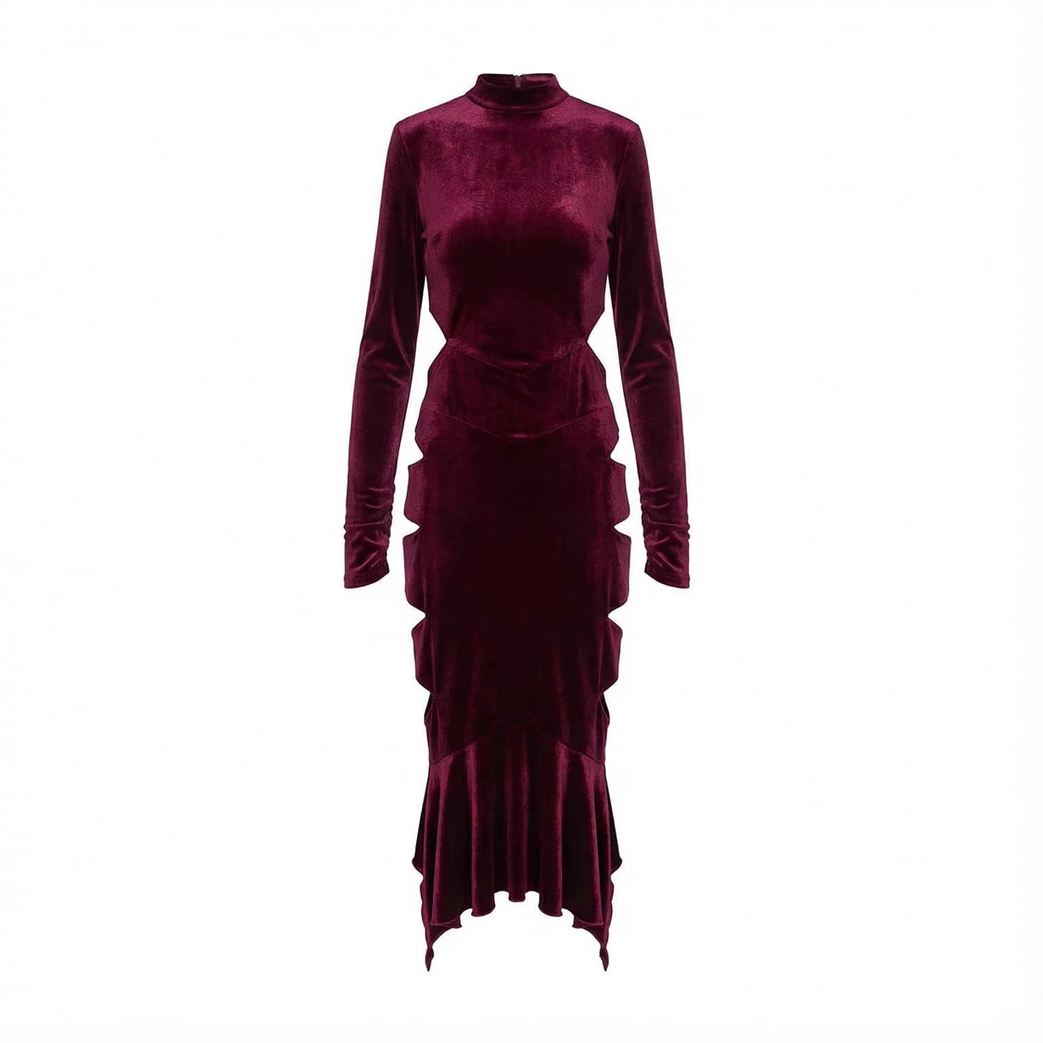 Bluzat Velvet Midi Dress With Cut-outs And Ruffle Hem - Red