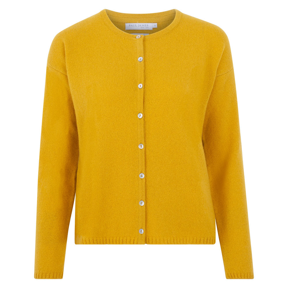 Paul James Knitwear Yellow / Orange Womens Midweight 100% Lambswool Crew Neck Leona Cardigan - Piccalilli In Yellow/orange