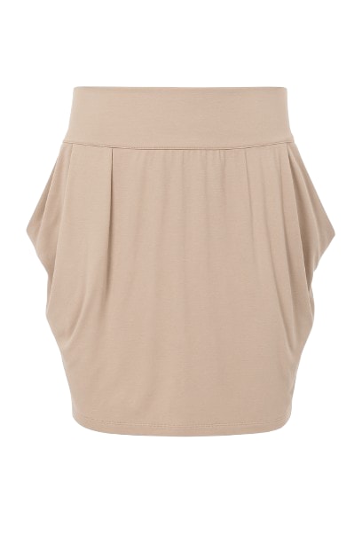 Conquista Women's Neutrals Stretch Jersey Tulip Mini Skirt With Side Pockets & Wide Waistband In Brown