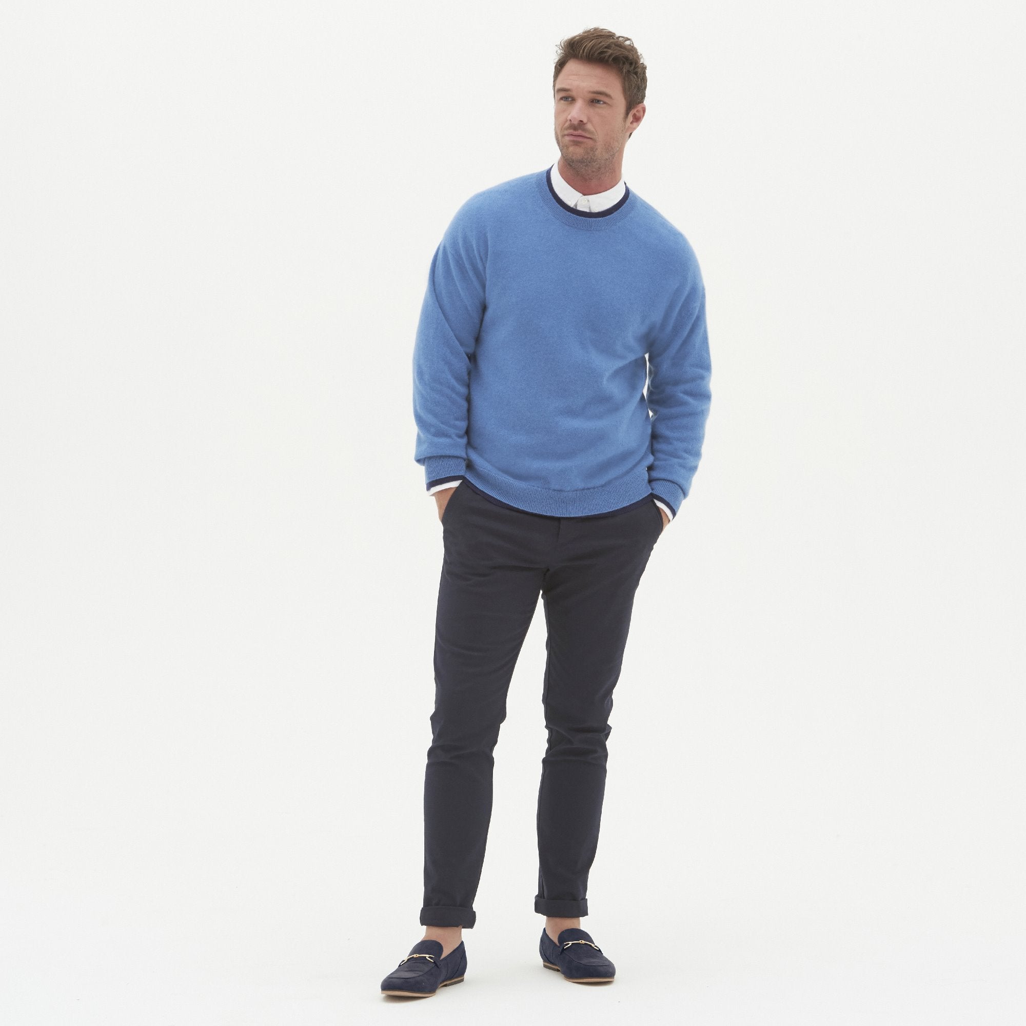 Mens Cashmere Crew Neck Sweater In Marina Blue Small Loop Cashmere