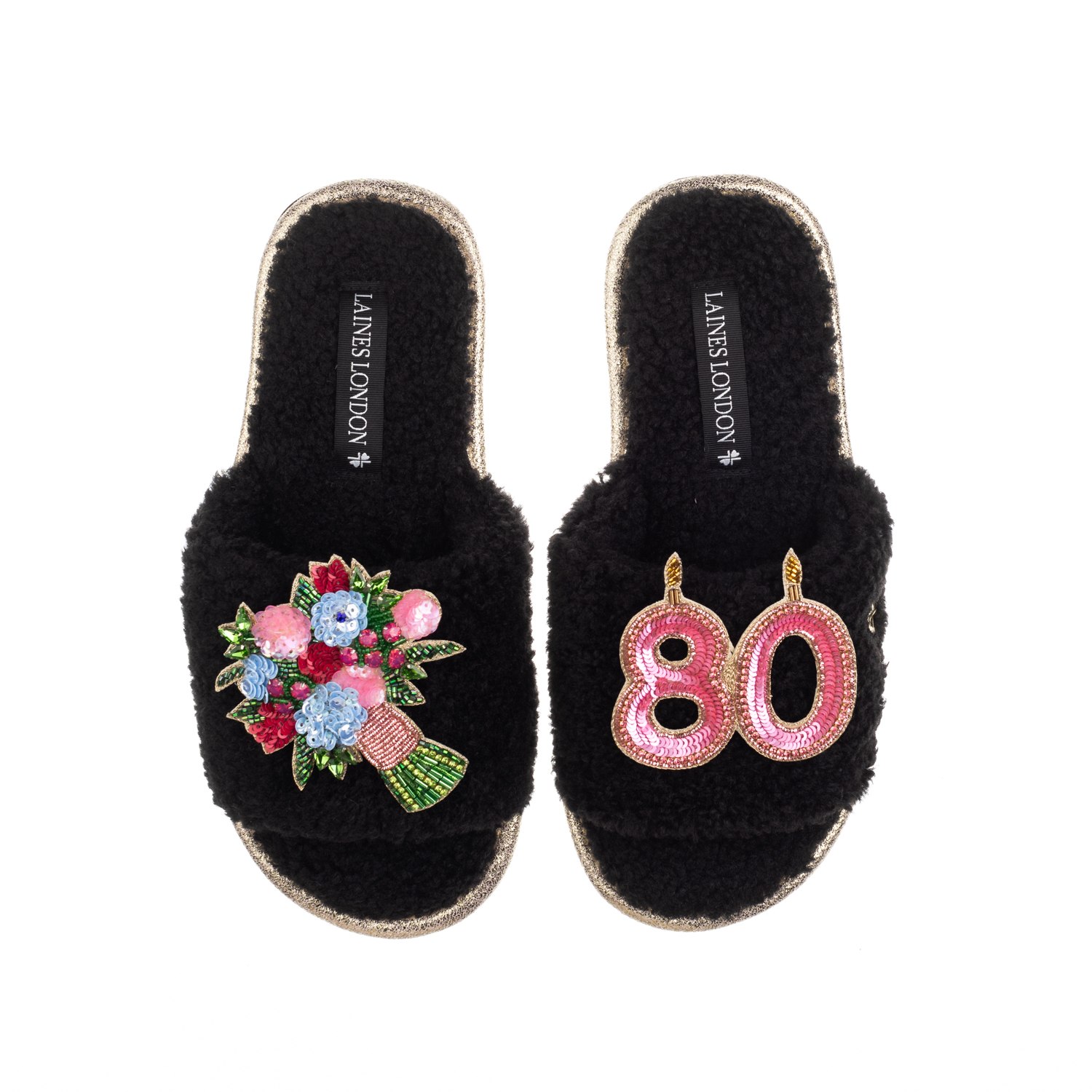 Laines London Women's Teddy Toweling Slipper Sliders With 80th Birthday & Flowers Brooches - Black In Black