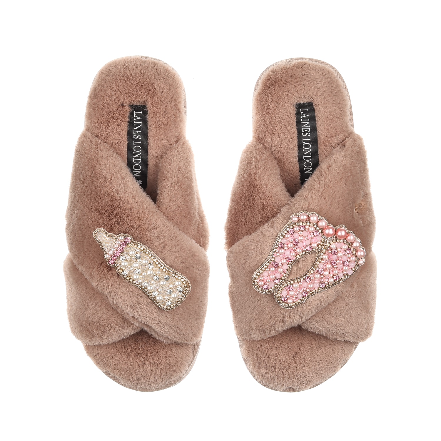 Women's Brown Classic Laines Slippers With New Baby Girl Brooches - Toffee | Medium | Laines London