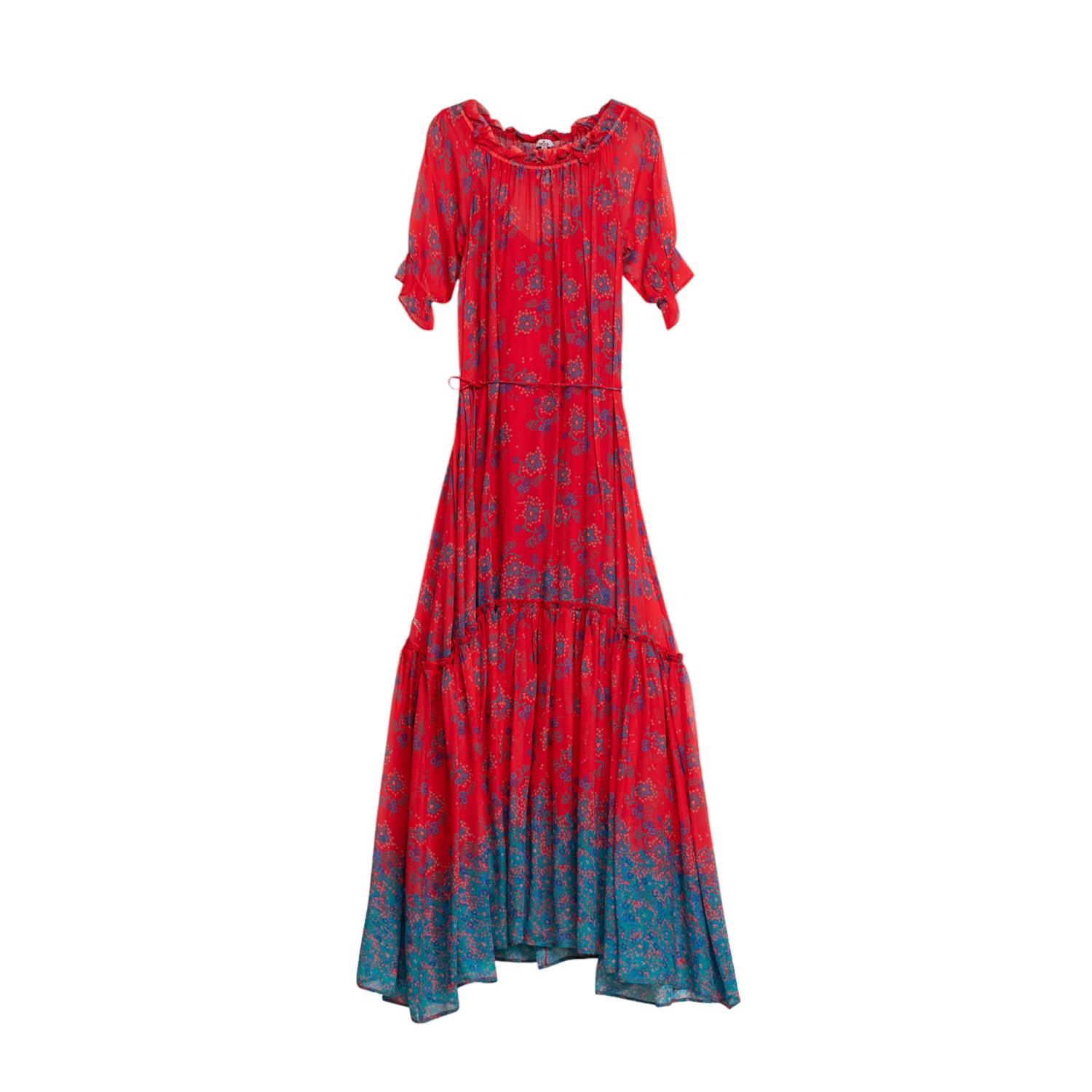 Women’s Red Wide Long Dress With Ruffle Small Niza