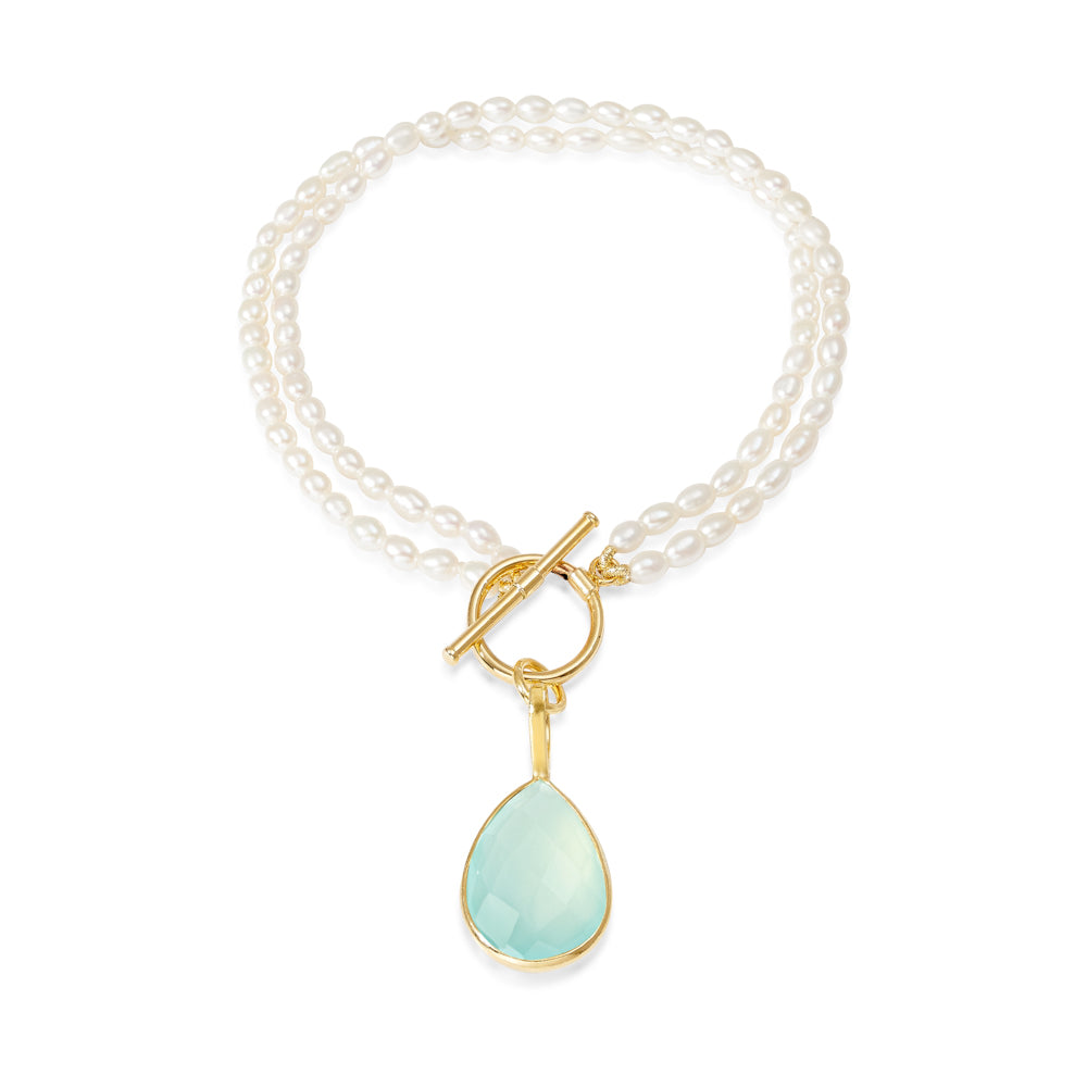 Women’s Blue / White Clara Double-Strand Pearl Bracelet With An Aqua Chalcedony Drop Pendant Pearls of the Orient Online