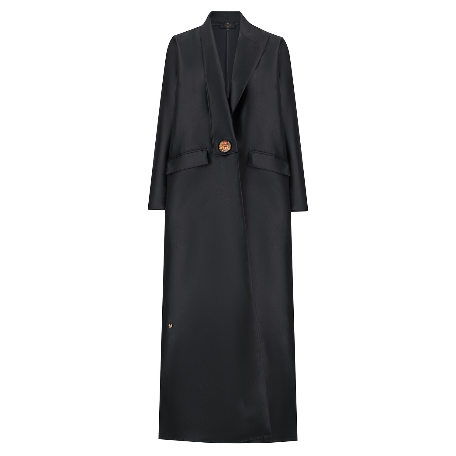 Azzalia Women's Black Mikado Abaya In An Un Symmetrical Modern Lapel Carring A Jumbo Handmade Pointed Button In Black