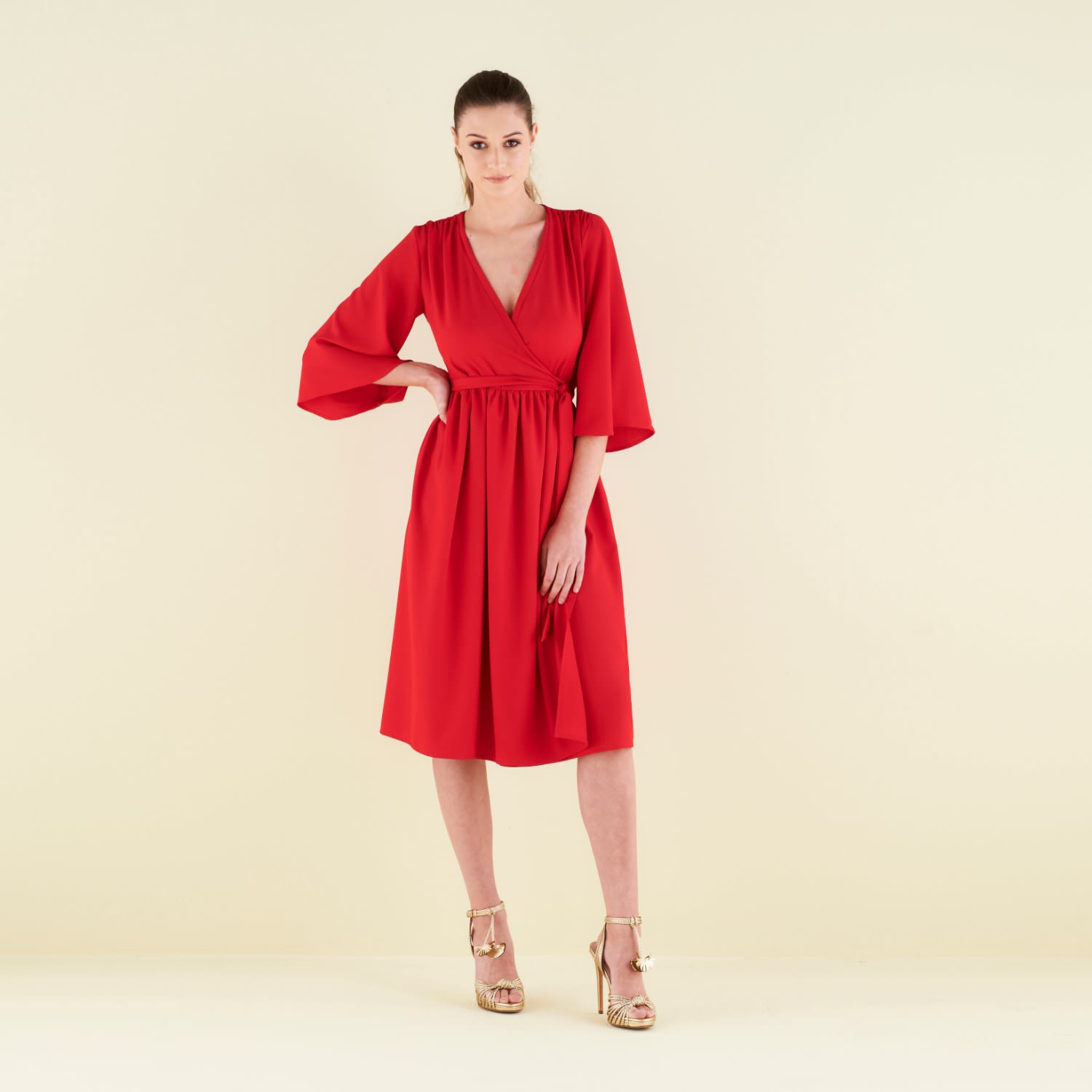 red kimono wrap dress