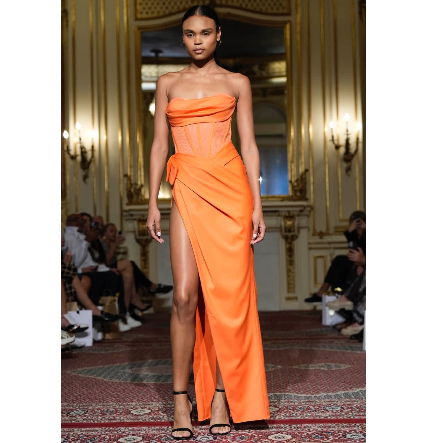 Orange Corset Gown  Palermo High-Slit Strapless Evening Dress, Wedding  Guest by Angelika Jozefczyk