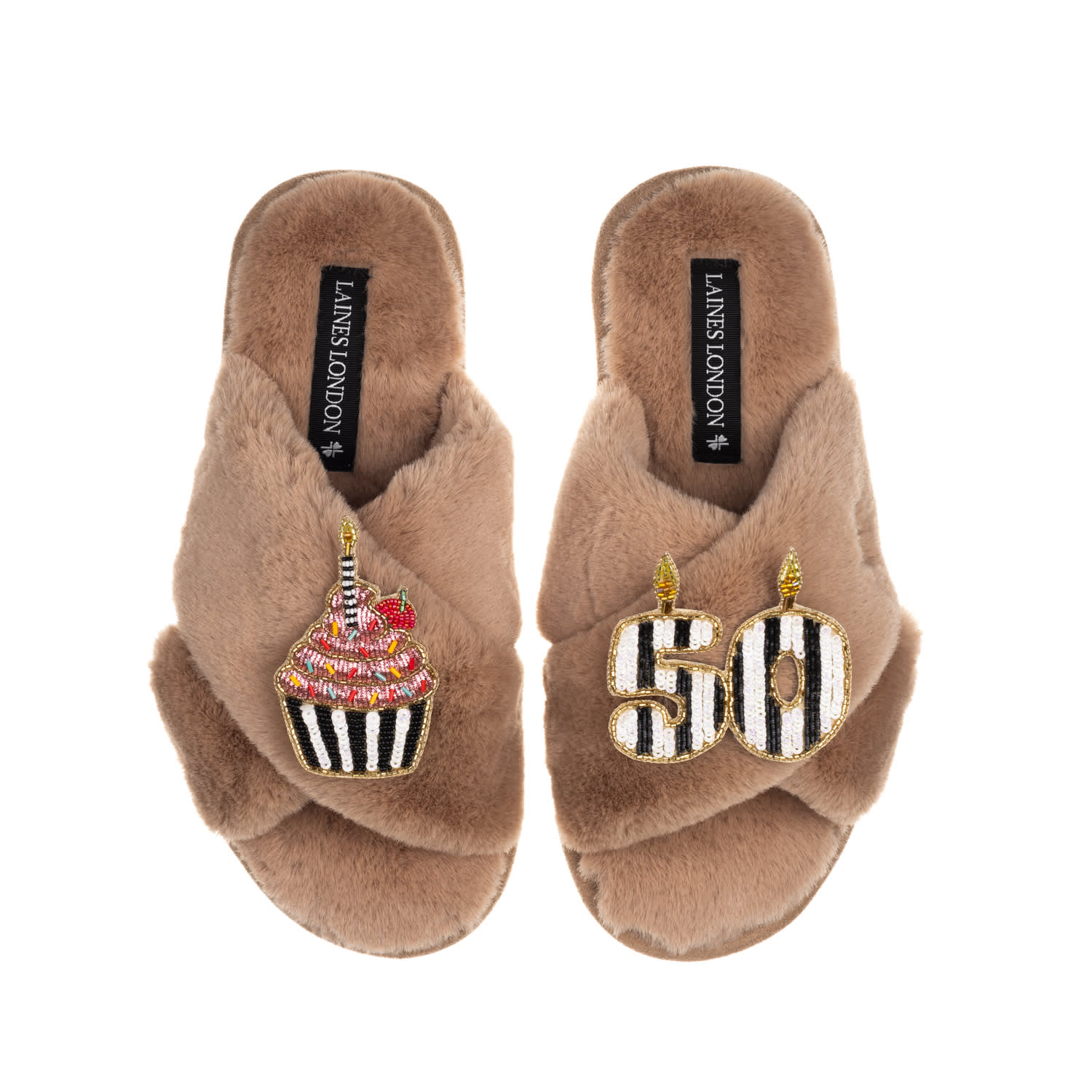 Laines London Women's Brown Classic Laines Slippers With Stripe 50th Birthday & Cake Brooches - Toffee In Brown