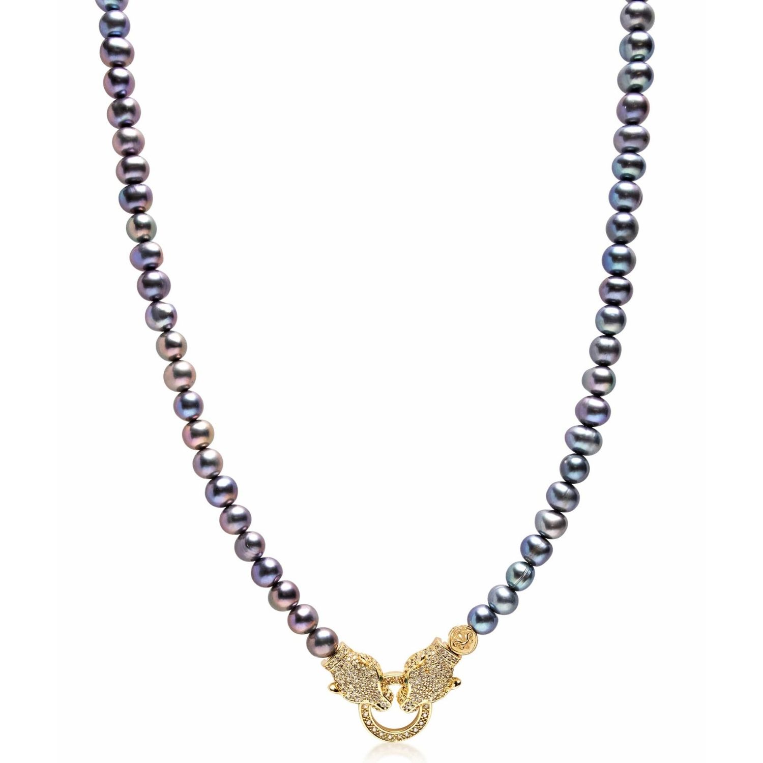 Nialaya Men's Black / Grey / Gold Black Pearl Choker With Double Panther Head In Gold In Multi