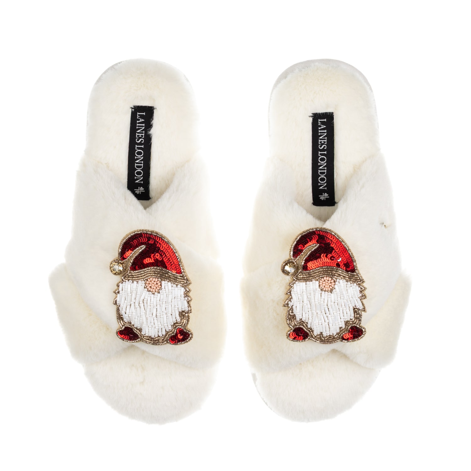 Laines London Women's Neutrals / White Classic Laines Christmas Collection Slippers With Double Red Gonk Brooches  In White