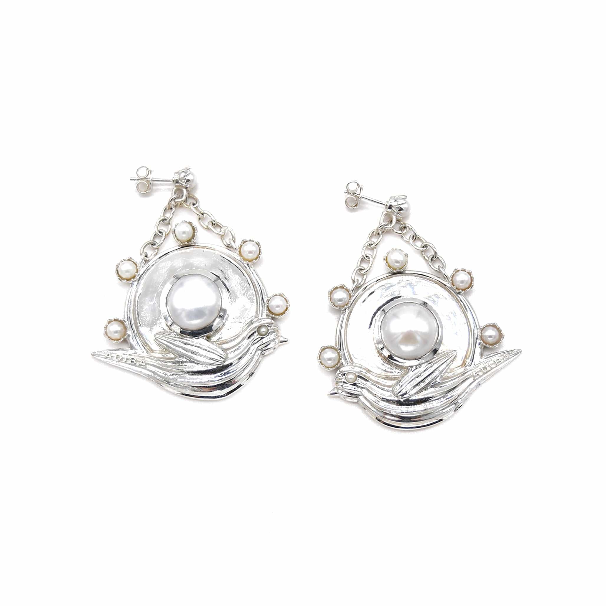 Adiba Women's White / Silver Silver Robin Pearls Earrings In Metallic