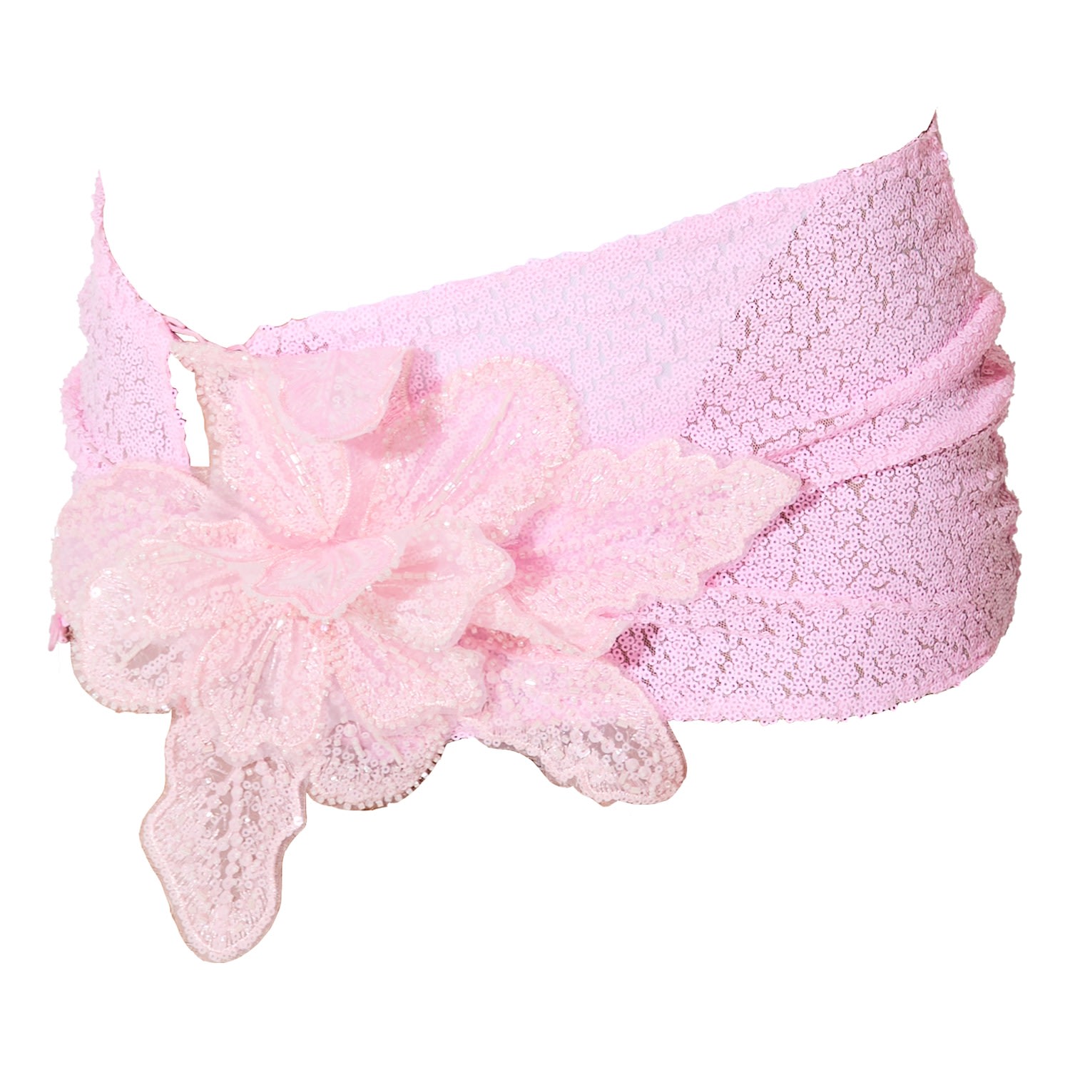 Women's Pink Sequin Sarong Mini Skirt With Flower Applique | Large | Ettie