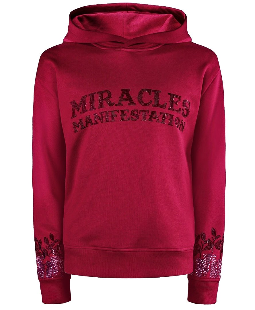 Miracles Manifester Women's Positive Affirmation Hoodie With Rhinestone Design - Red In Red