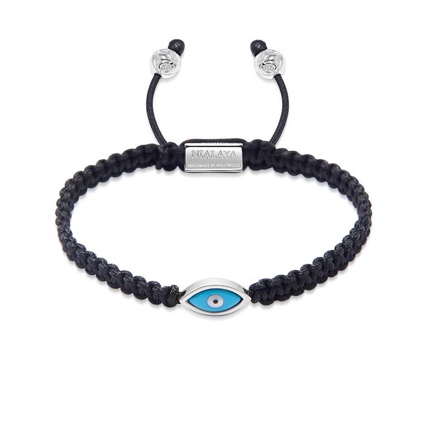Nialaya Black / Silver Men's Black String Bracelet With Silver Evil Eye