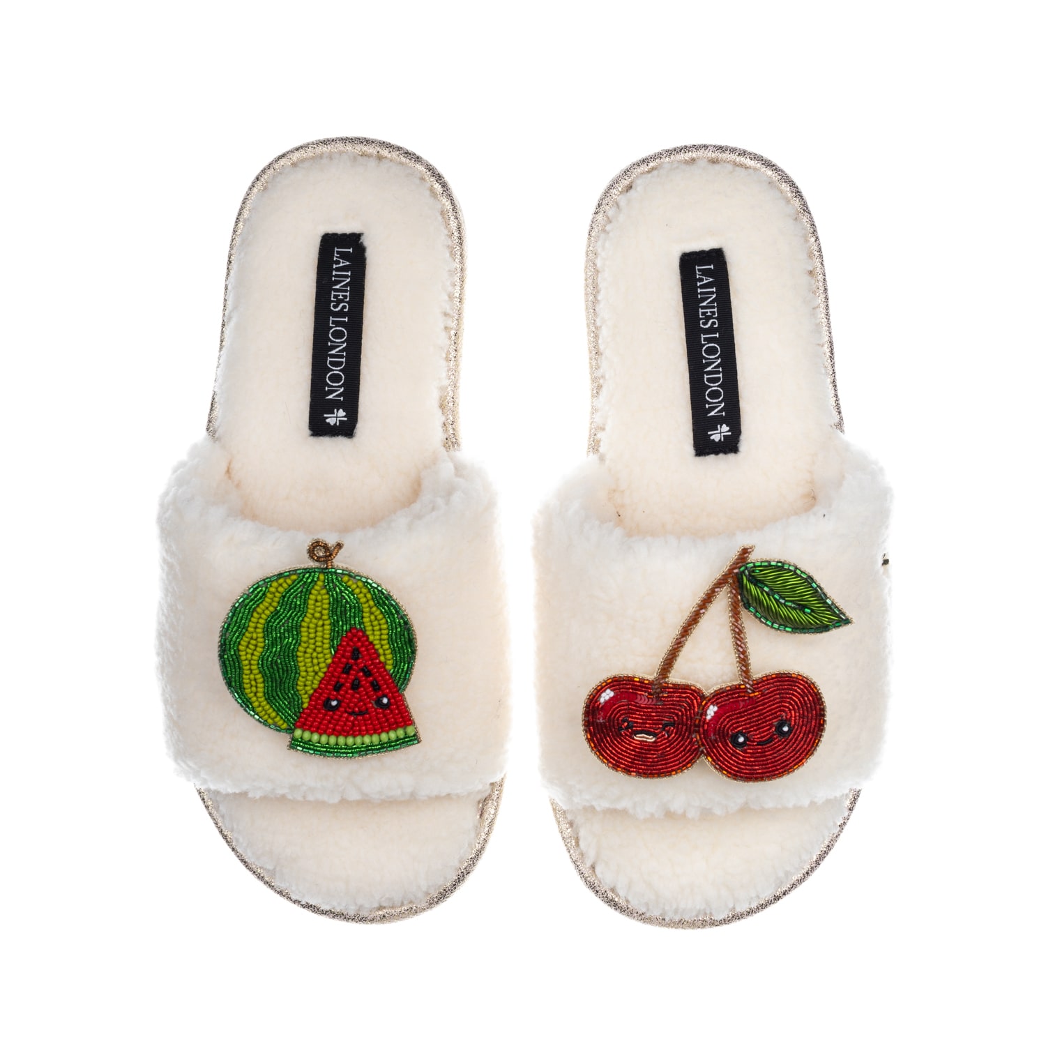 Laines London Women's White Teddy Slider Slippers With Laines Loveables Watermelon & Cherry Brooches - Cream In White
