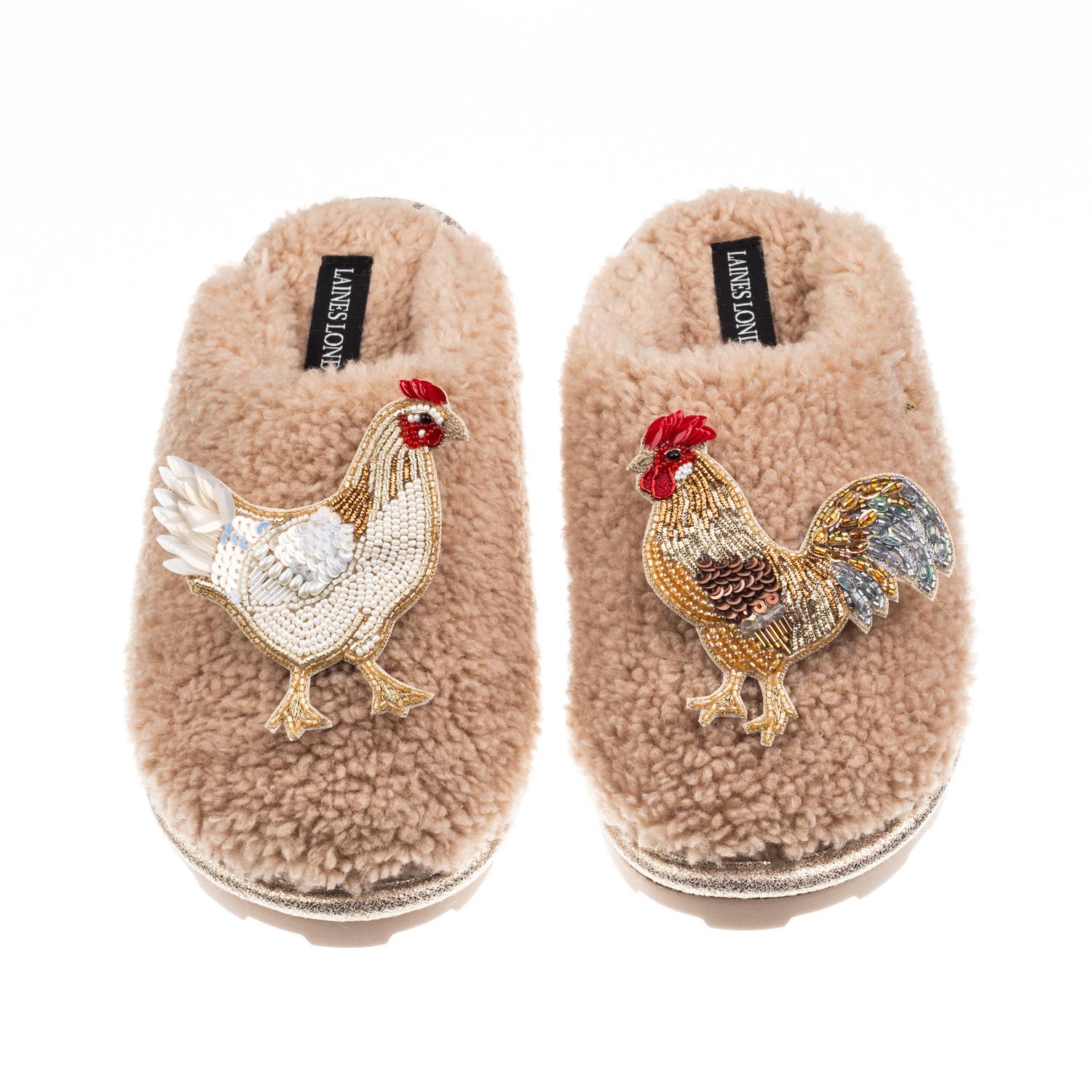 Laines London Women's Brown / Neutrals Teddy Closed Toe Slippers With Chicken & Cockrel Brooches - Toffee In Brown