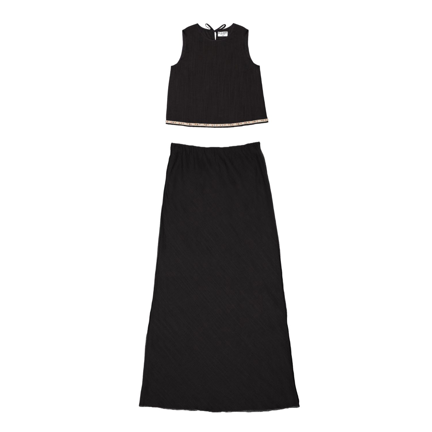 Du & Berry Black Boho Linen Top & Skirt Set In Black