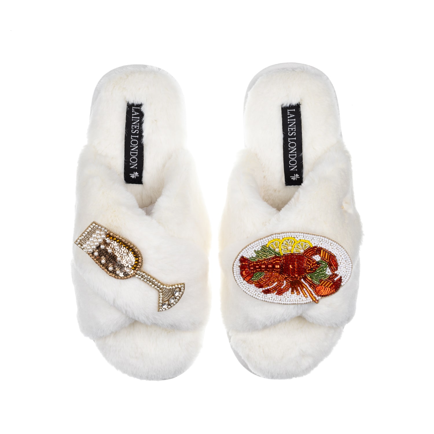 Laines London Women's White Classic Laines Slippers With Lobster Platter & Glass Of Fizz Brooches - Cream In White