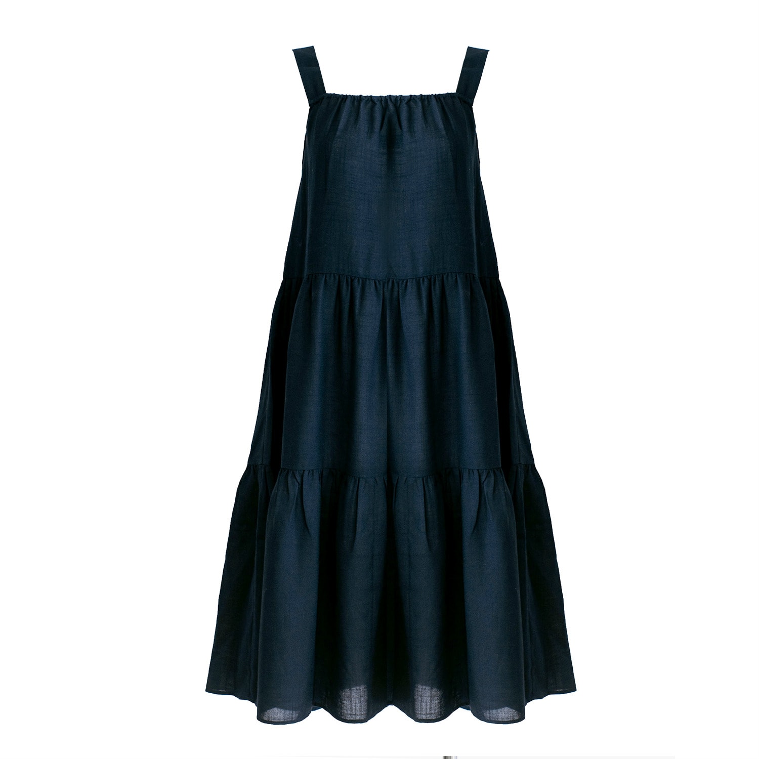 Women’s Blue Cotton Linen Gathered Strap Tiered Dress - Navy Large Zenzee