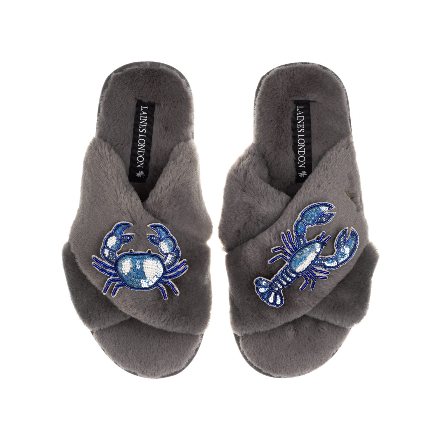 Laines London Women's Classic Laines Slippers With Mediterranean Blue Crab & Lobster Brooches - Grey In Grey