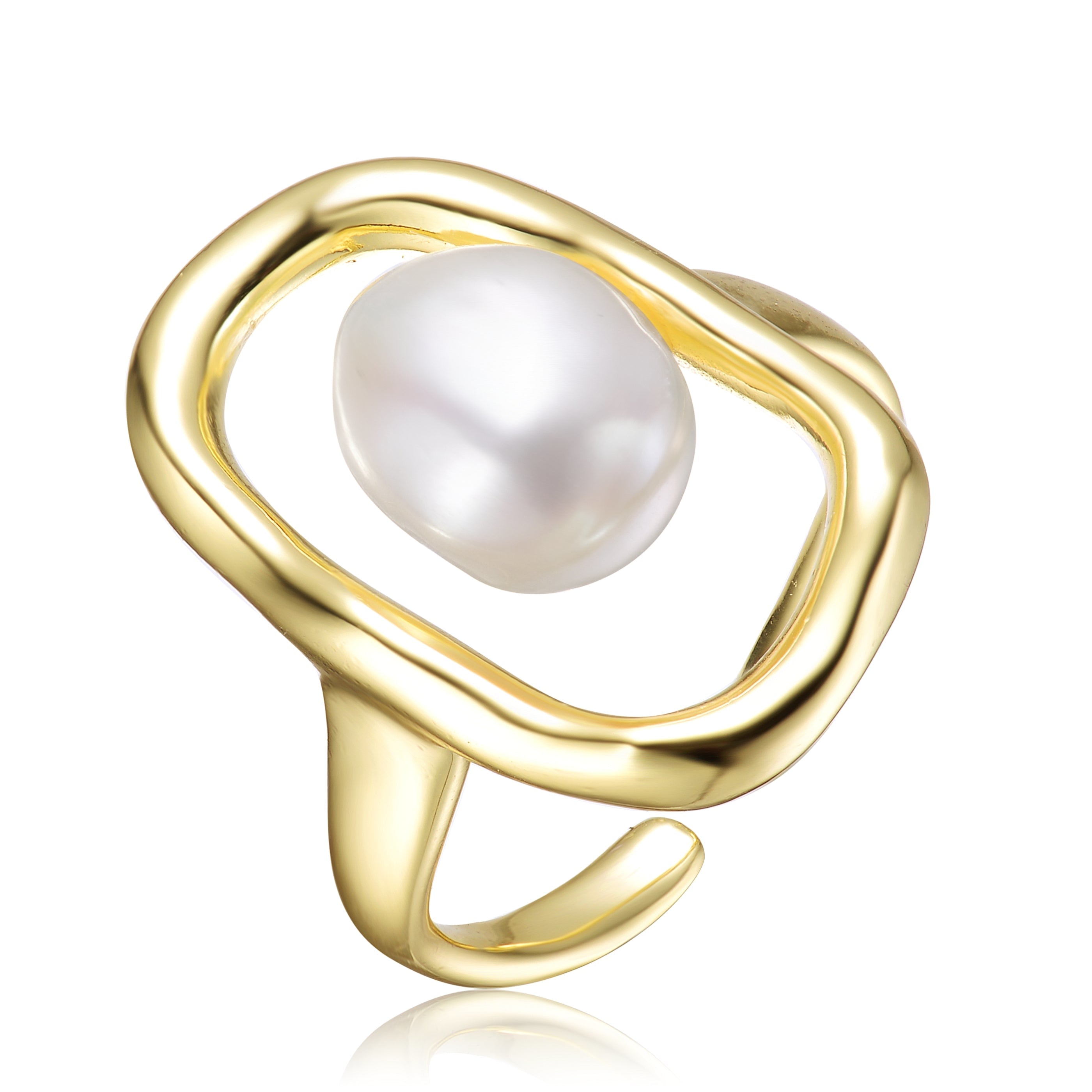 Genevive Jewelry Women's Genevive Sterling Silver Gold Plated With Genuine Freshwater Pearl Outline Framed Ring In Gold