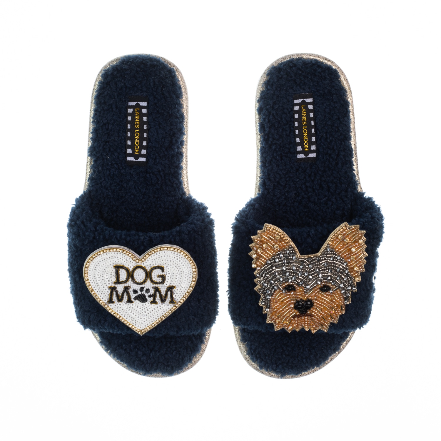 Laines London Women's Blue Teddy Toweling Slippers With Minnie Yorkie & Dog Mum /mom Brooches - Navy In Blue