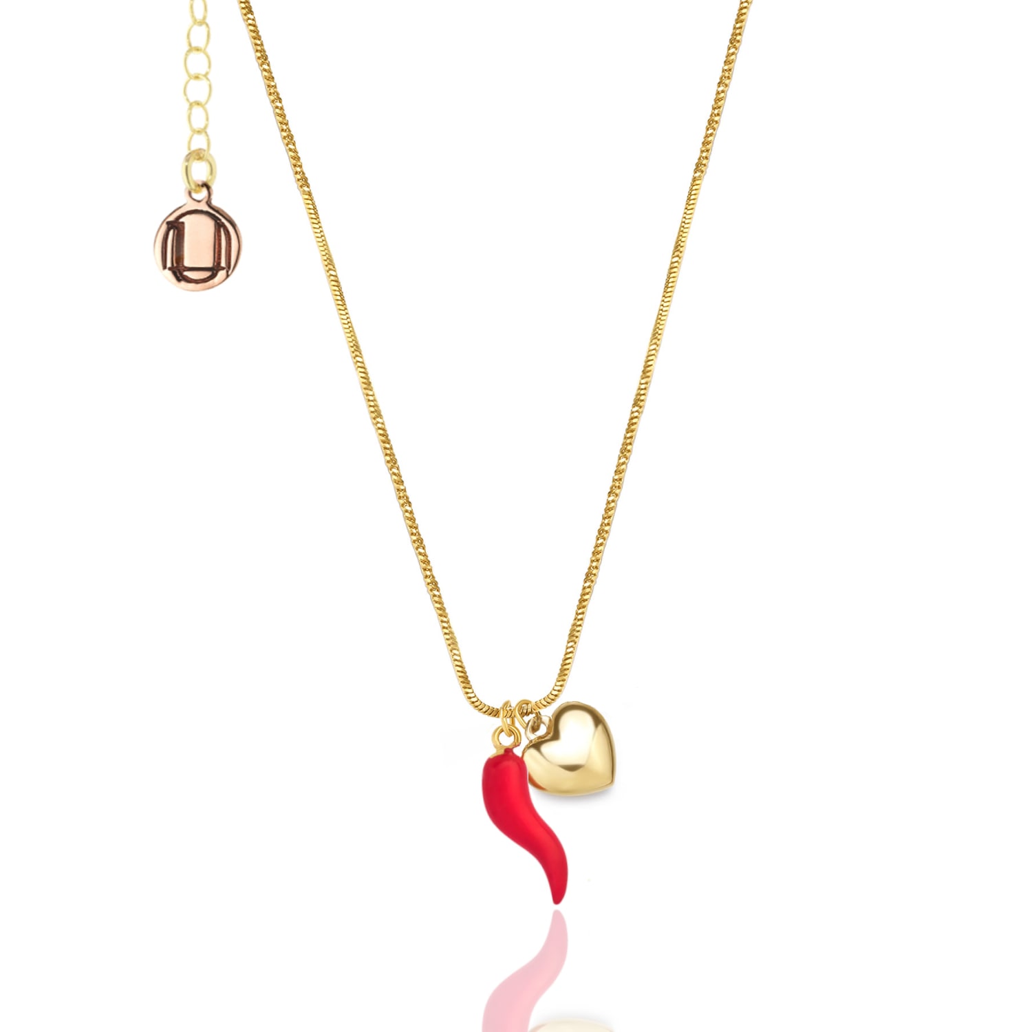 Unaloe Women's Gold / Red Gold And Red Enamel Cornicello Necklace With Heart Charm – Italian Handmade Good 