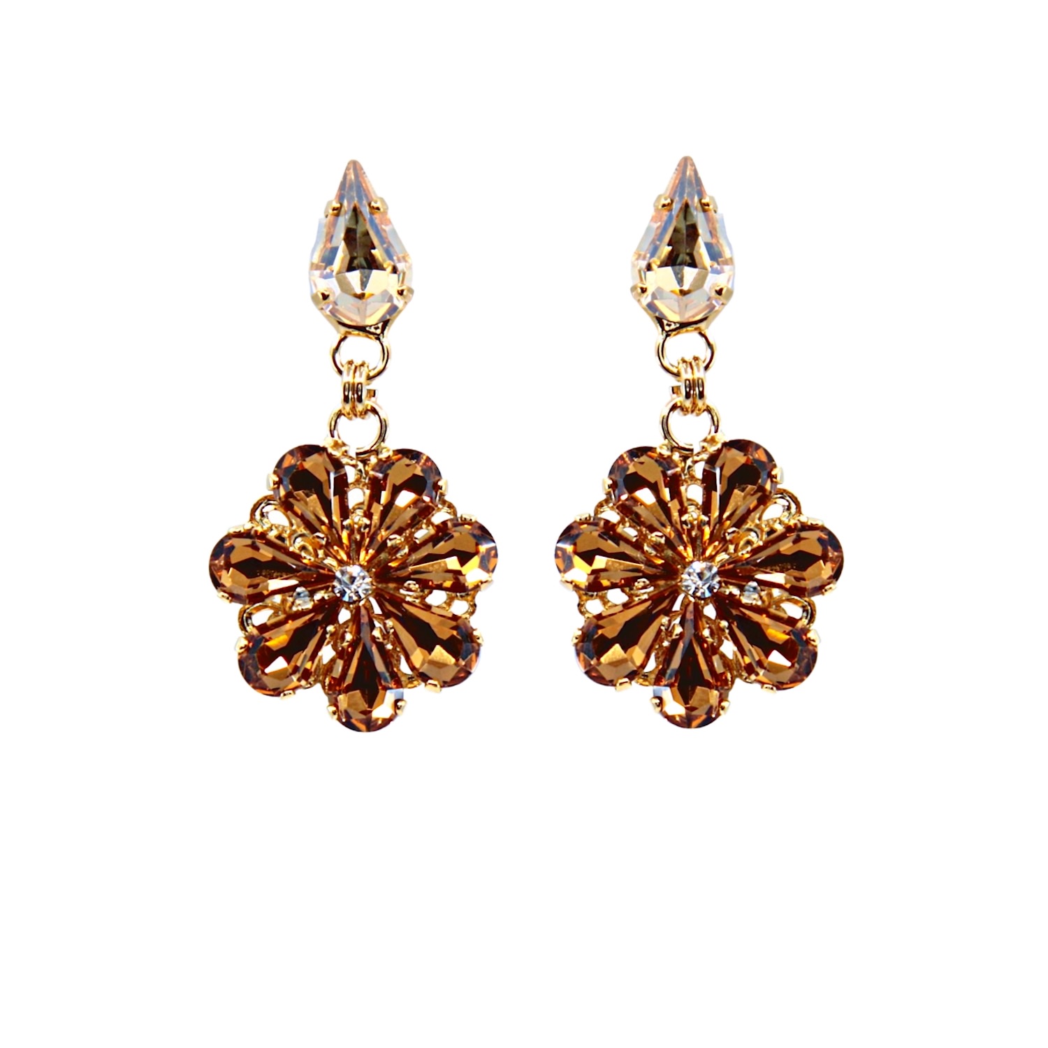 Women’s Neutrals / Brown / Gold Daisy Pendant Earrings With Crystal Drops In Amber And Topaz Damapreziosa