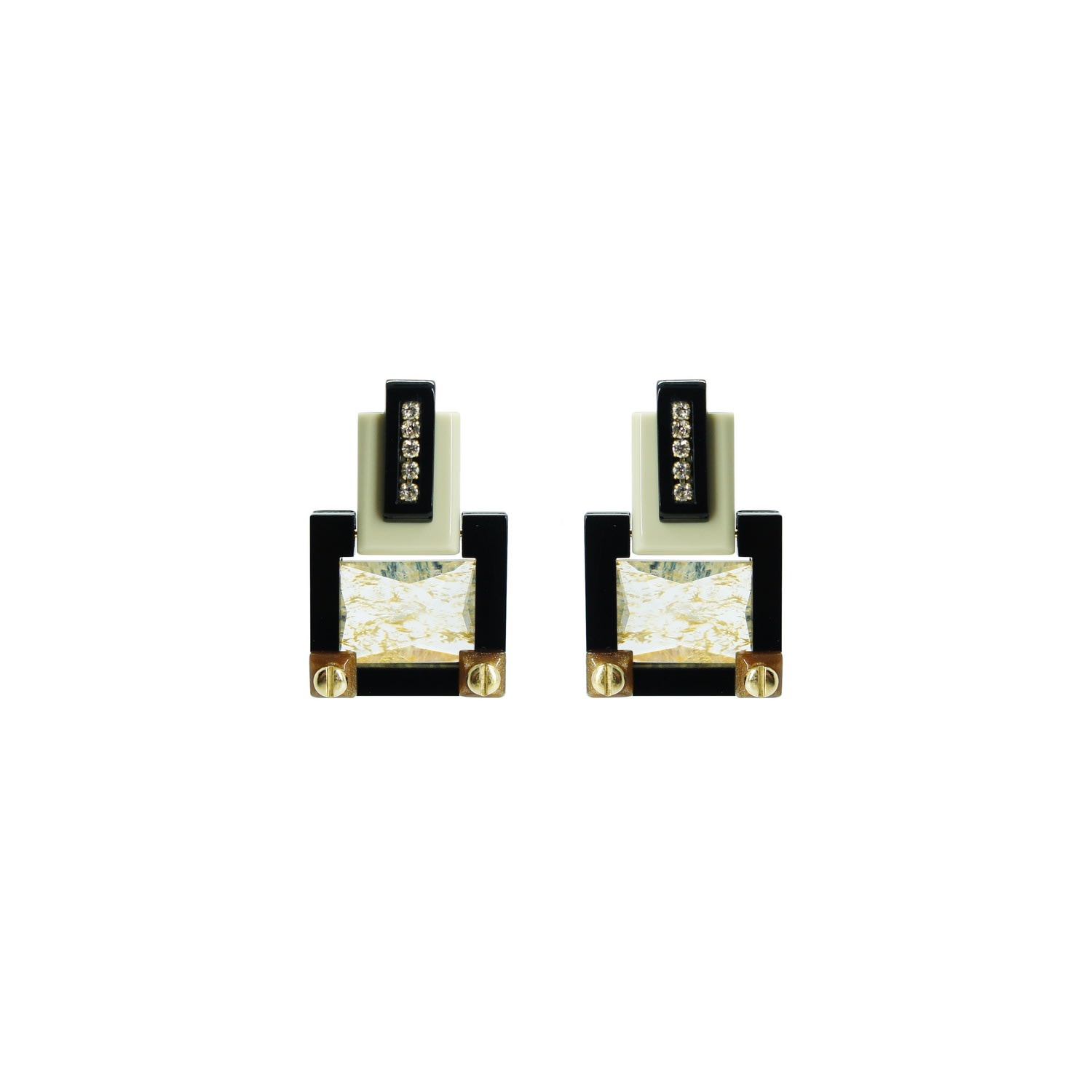 Gissa Bicalho Women's Neutrals Handmade Acrylic Earring M Deco Rectangular Cut Stone Clay In Black
