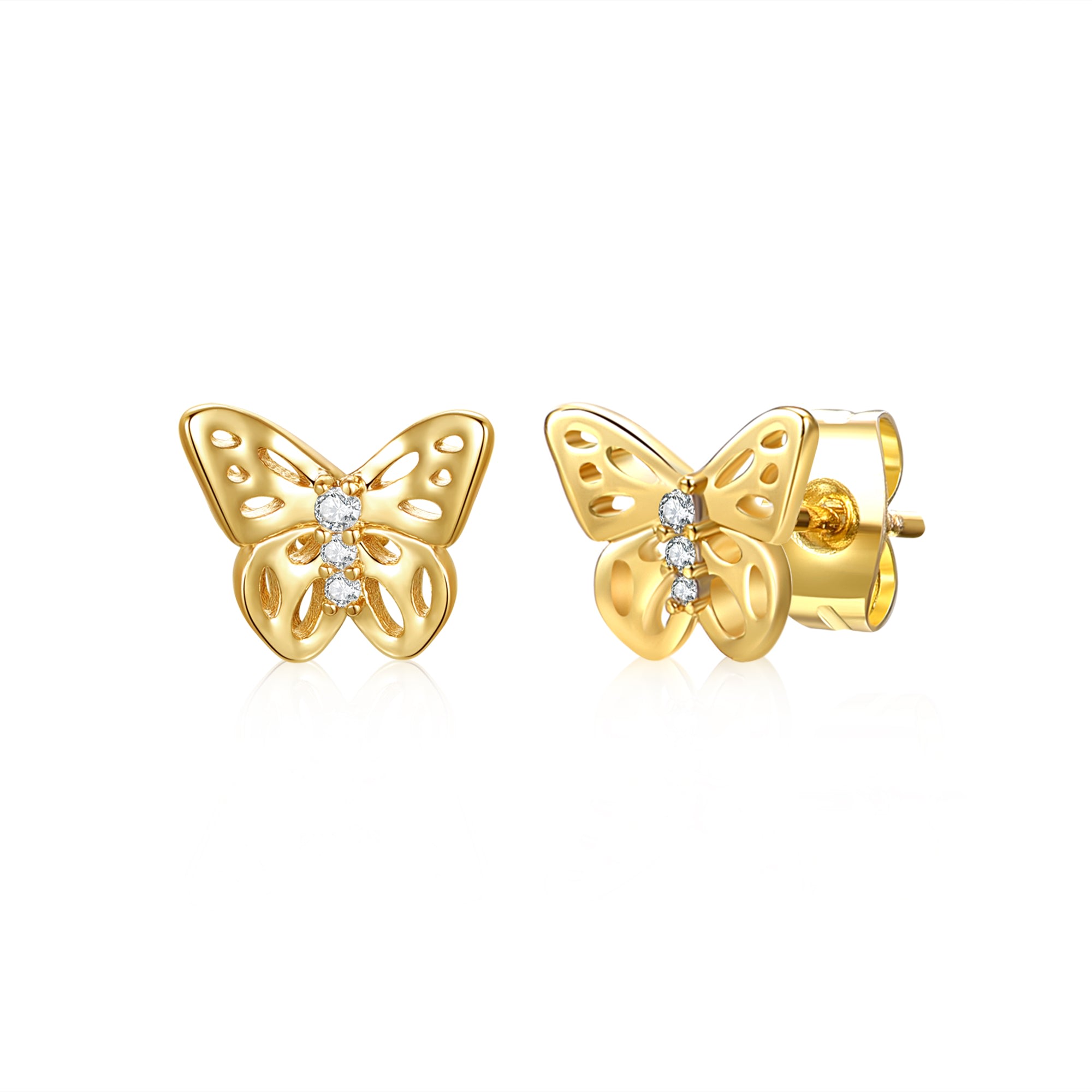 Women’s Gold / White Rachel Glauber Yellow Gold Plated With Cubic Zirconia Three-Stone Filigree Butterfly Stud Earrings Genevive Jewelry