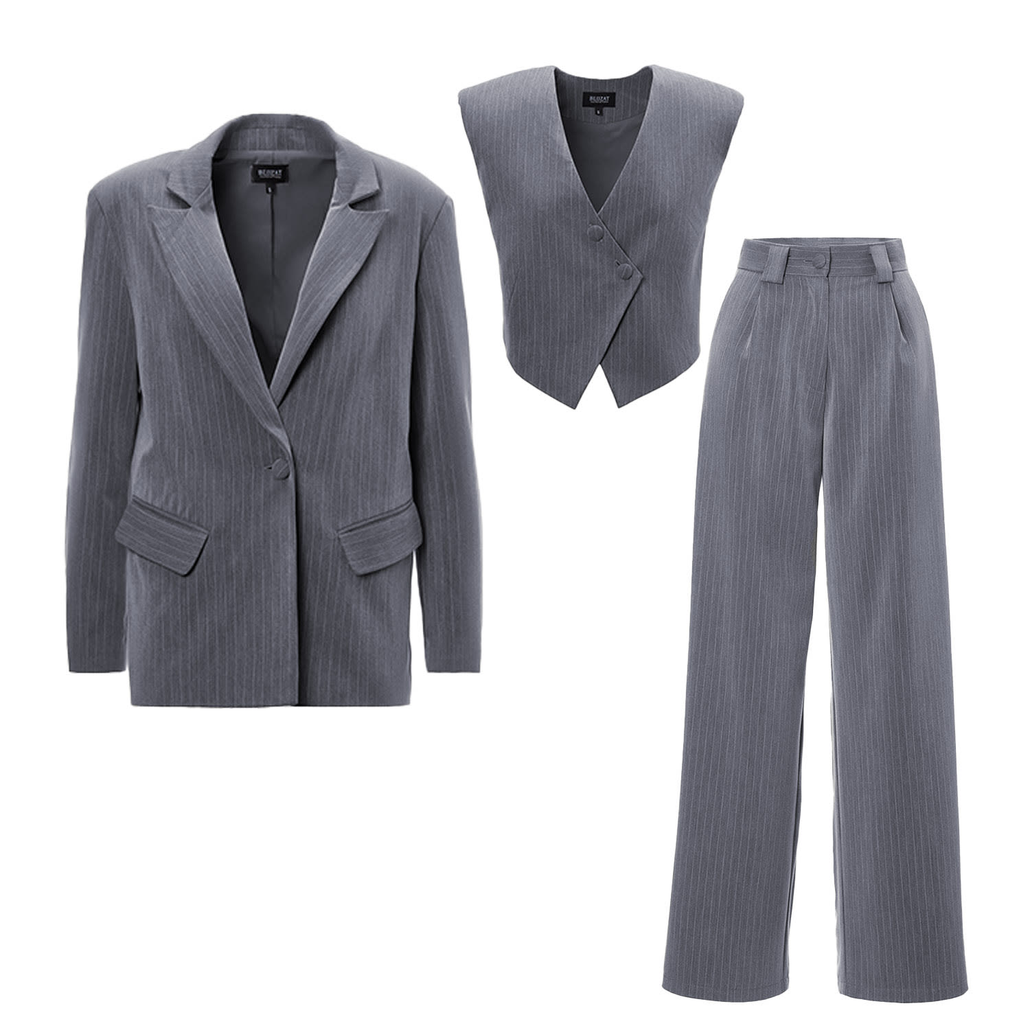 Three-Piece Grey Striped Suit Medium Bluzat