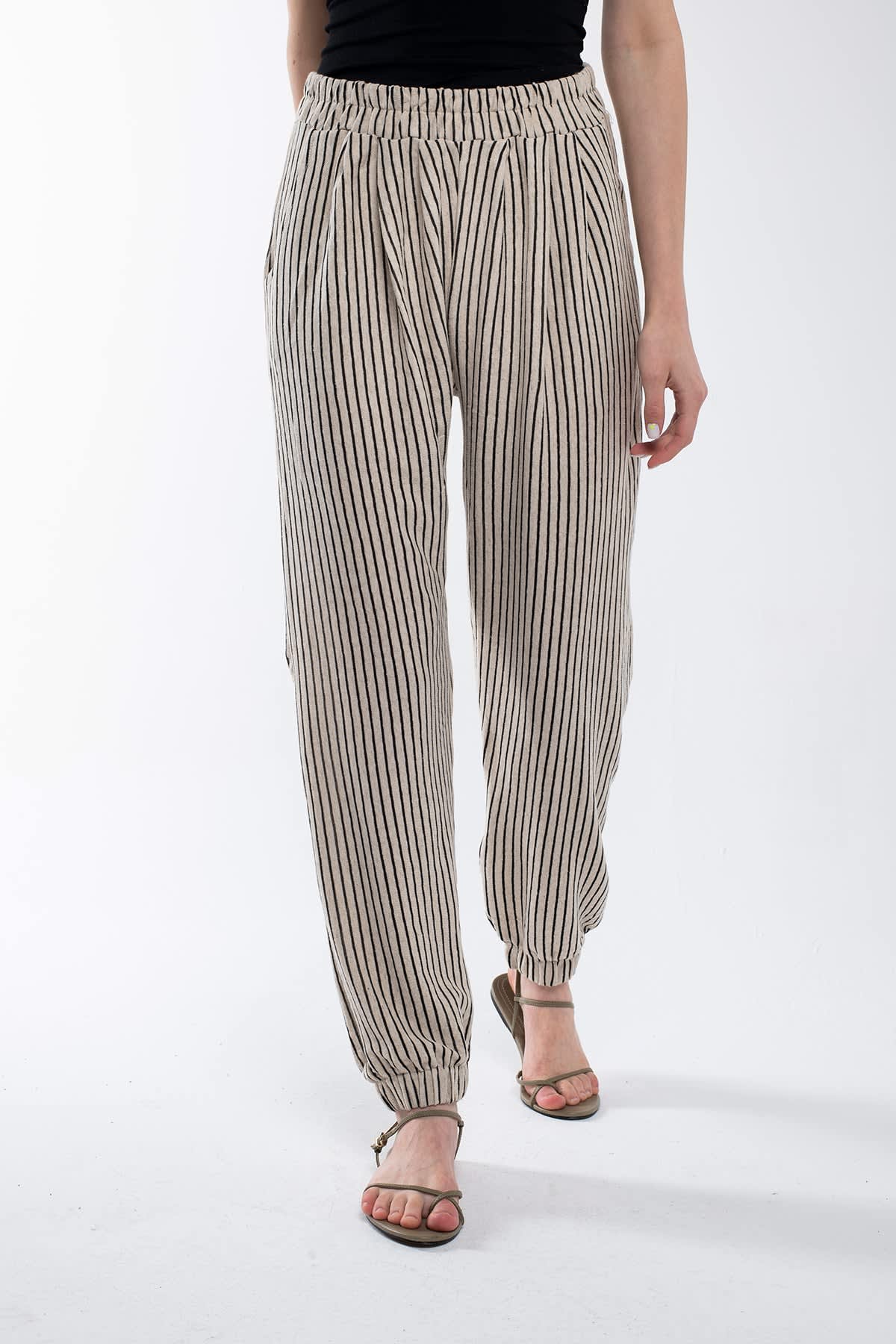 Striped Linen Pants With Elastic Legs by Bee & Alpaca