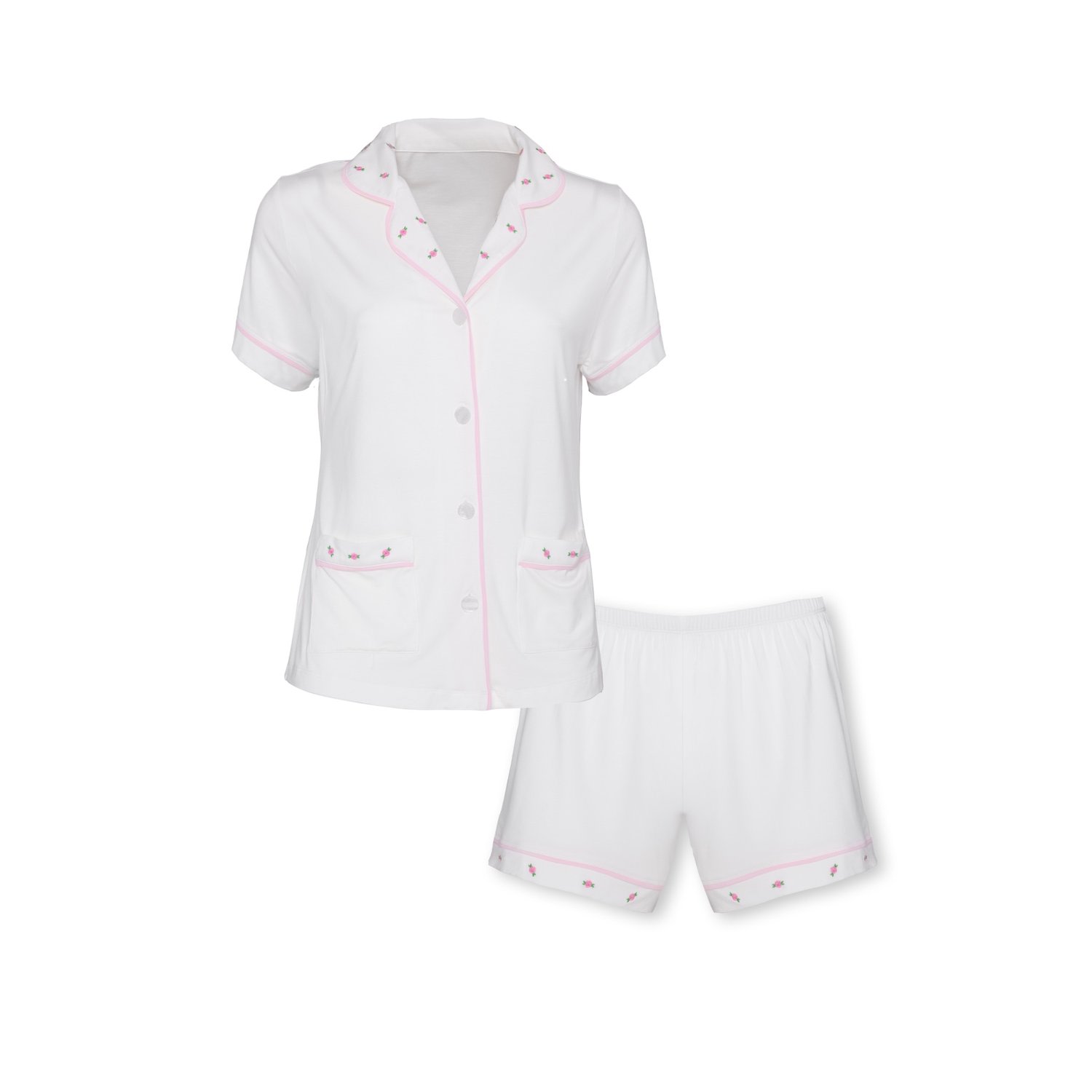 Reve Sleepwear Women's Ciel Short Set In White With Pink Embroidery - Flowers In White