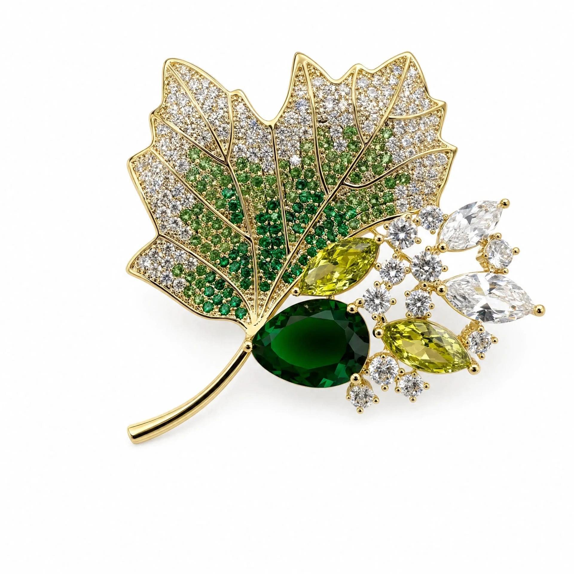 Women's Green Crystal Maple Leaf Brooch | Angel Barocco