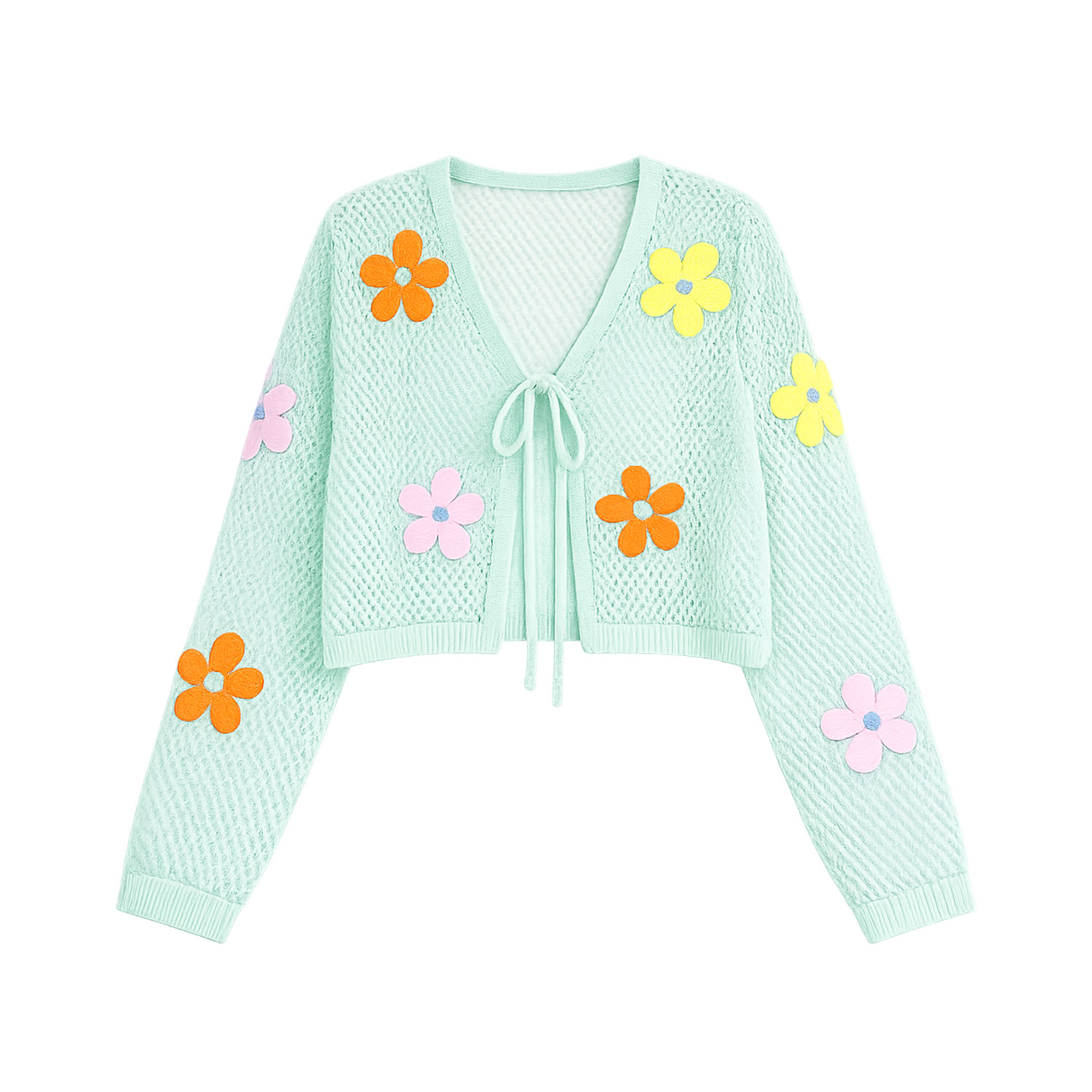 Yumi Women's Green  Mint Tie Front Cardigan With Flower Design