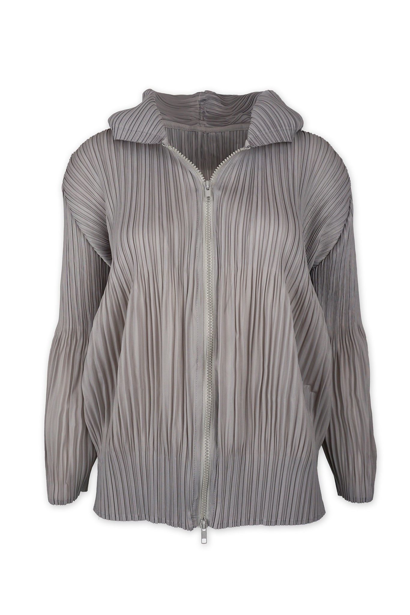 Wild Cosmos Women's Vanessa Zip Up Hooded Plissé Satin Jacket - Grey