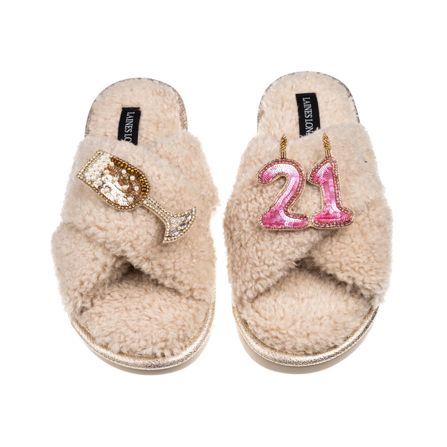Laines London Women's Brown / Neutrals Laines Neutral Boucle Slippers With 21st Birthday & Champers Brooches - Oat