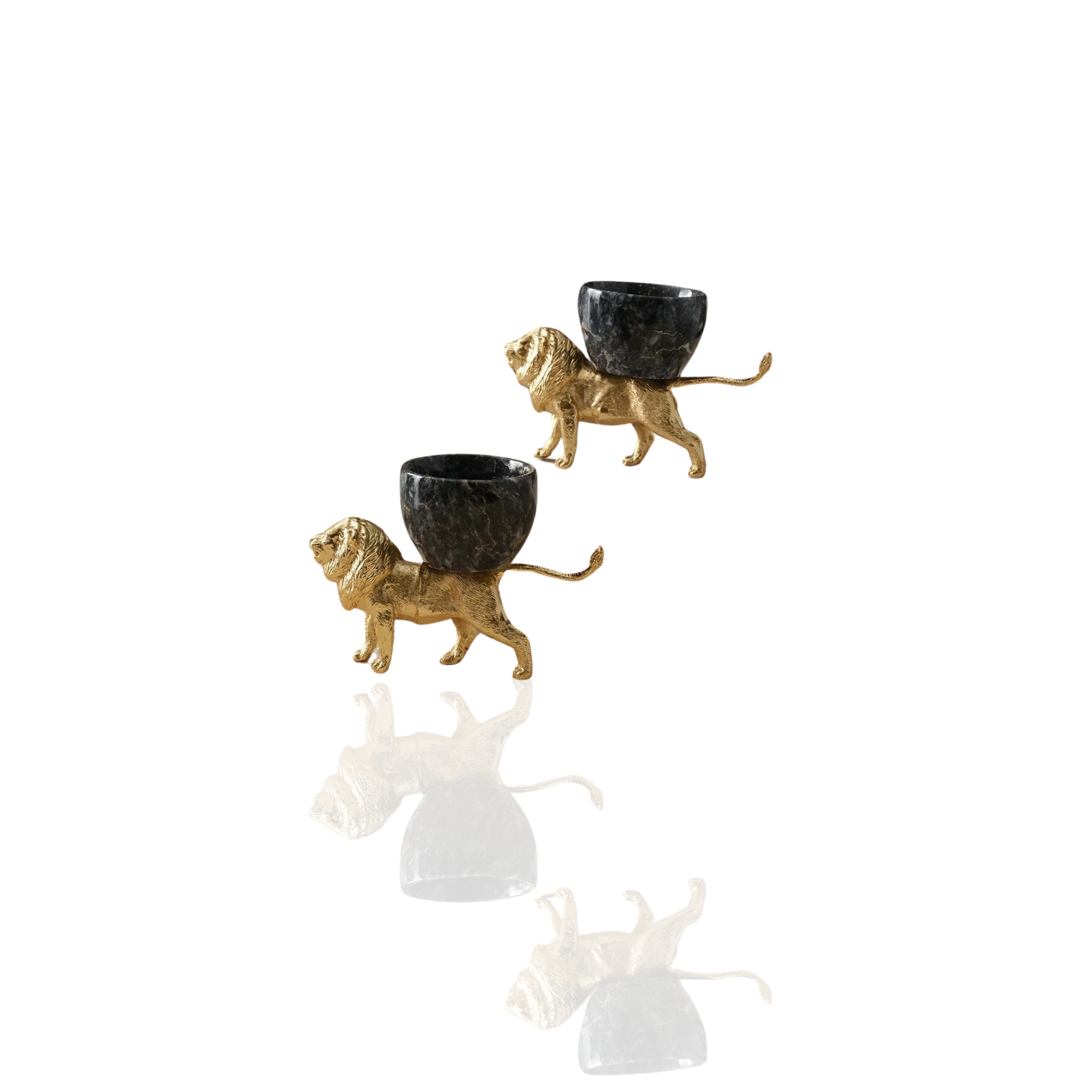 Marleth Gold / Black Set Of Two Gold Lion Holders With Grey Marble Cups