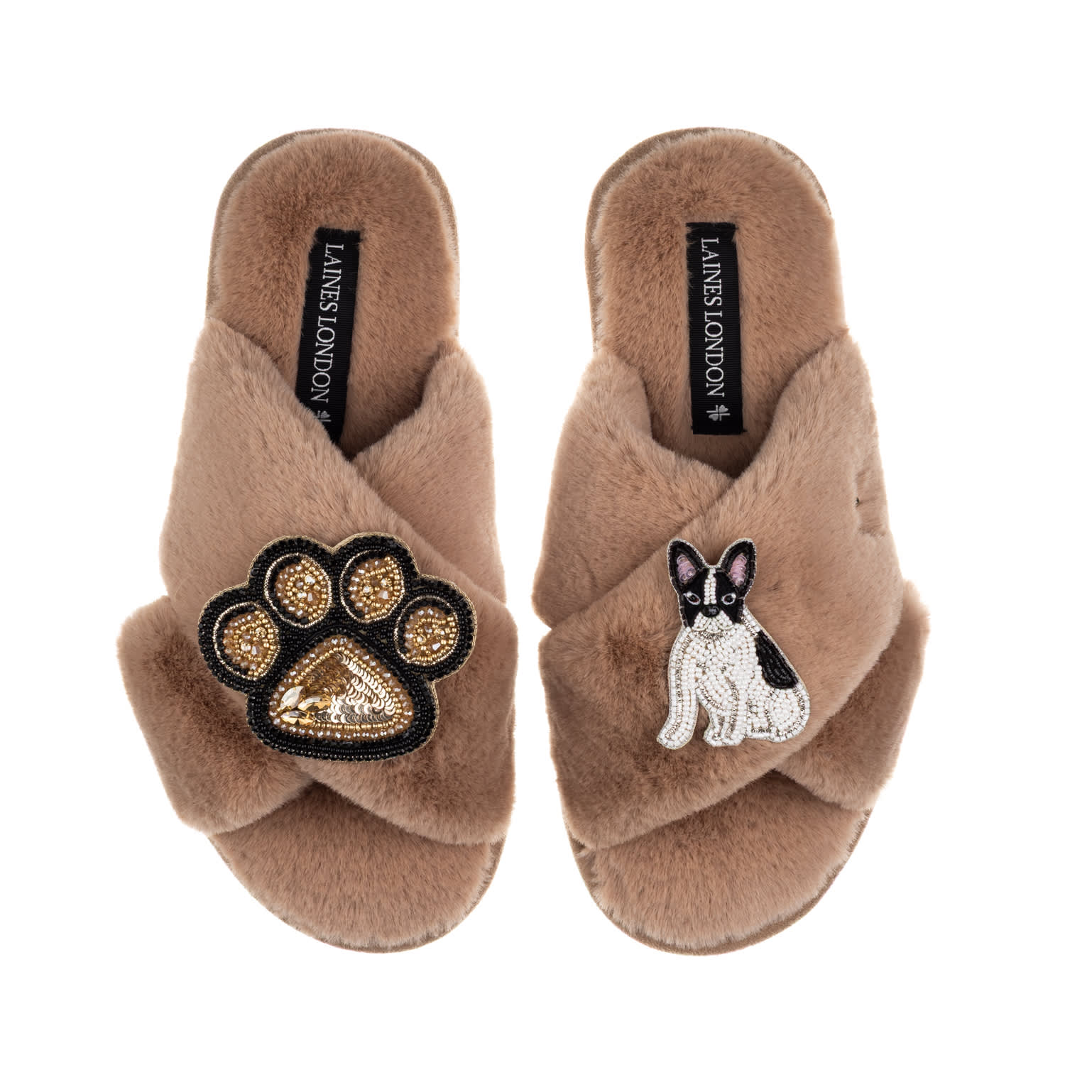 Laines London Women's Brown / Neutrals Classic Laines Slippers With Paw & Black & White Sitting French Bulldog Bro In Brown