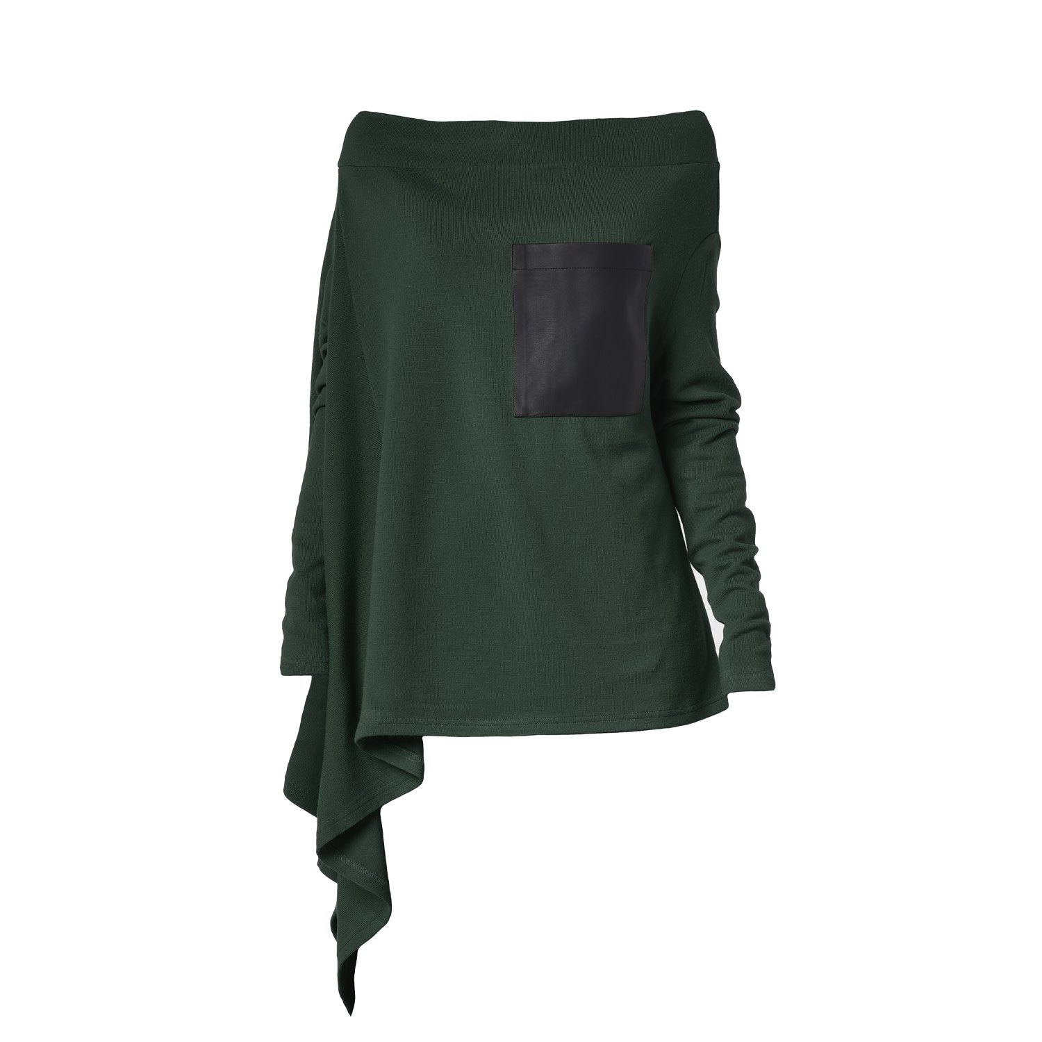 Metamorphoza Women's Asymmetric Knitted Tunic With Leather Pocket In Green