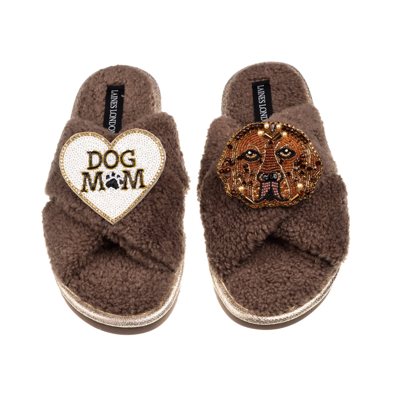 Laines London Women's Brown / Neutrals Laines Neutral Boucle Slippers With Rocco The Labrador & Dog Mum/mom Brooch