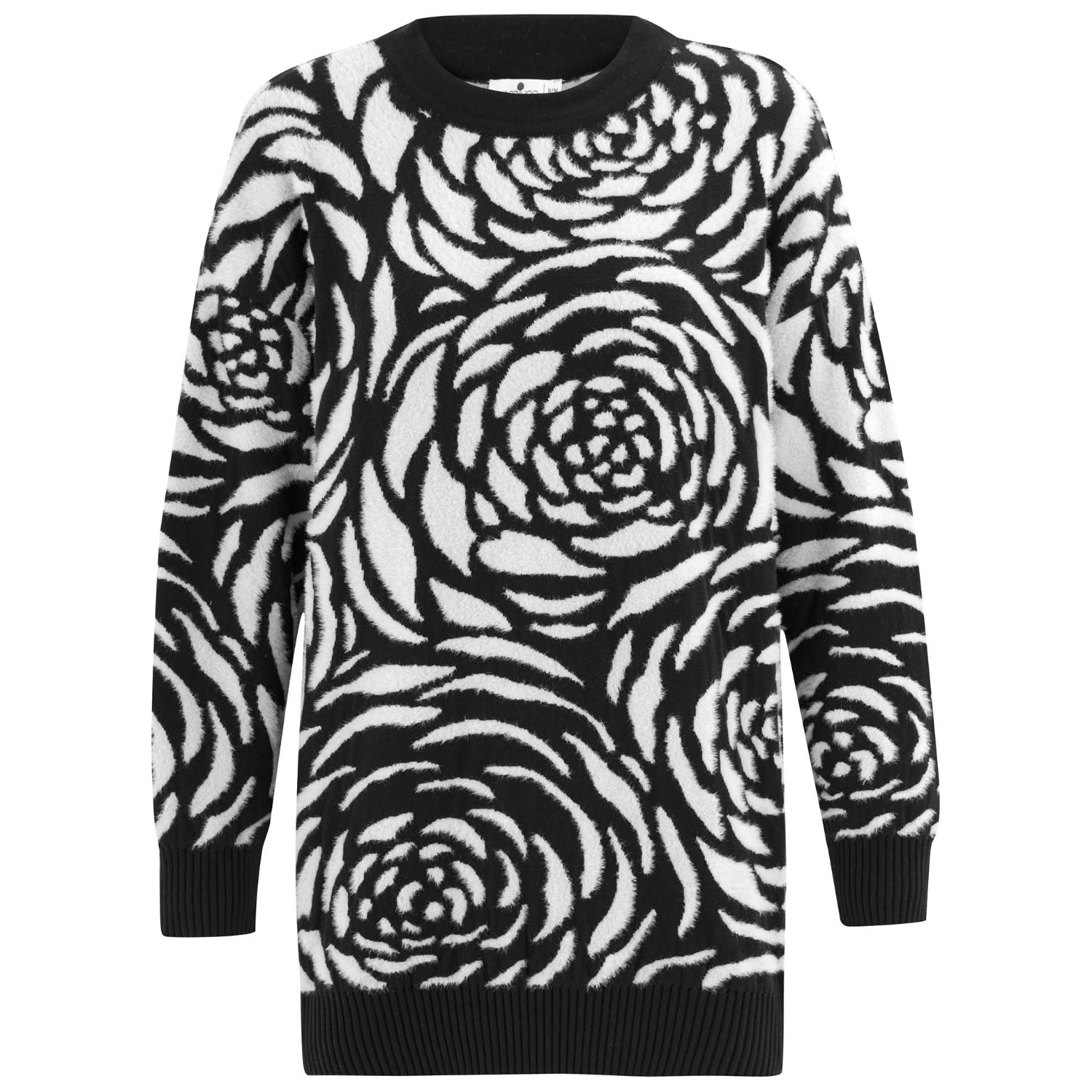 Women’s Rose Patterned Knitwear Fluffy Crew Neck Sweater - Black/Cream M/L Peraluna